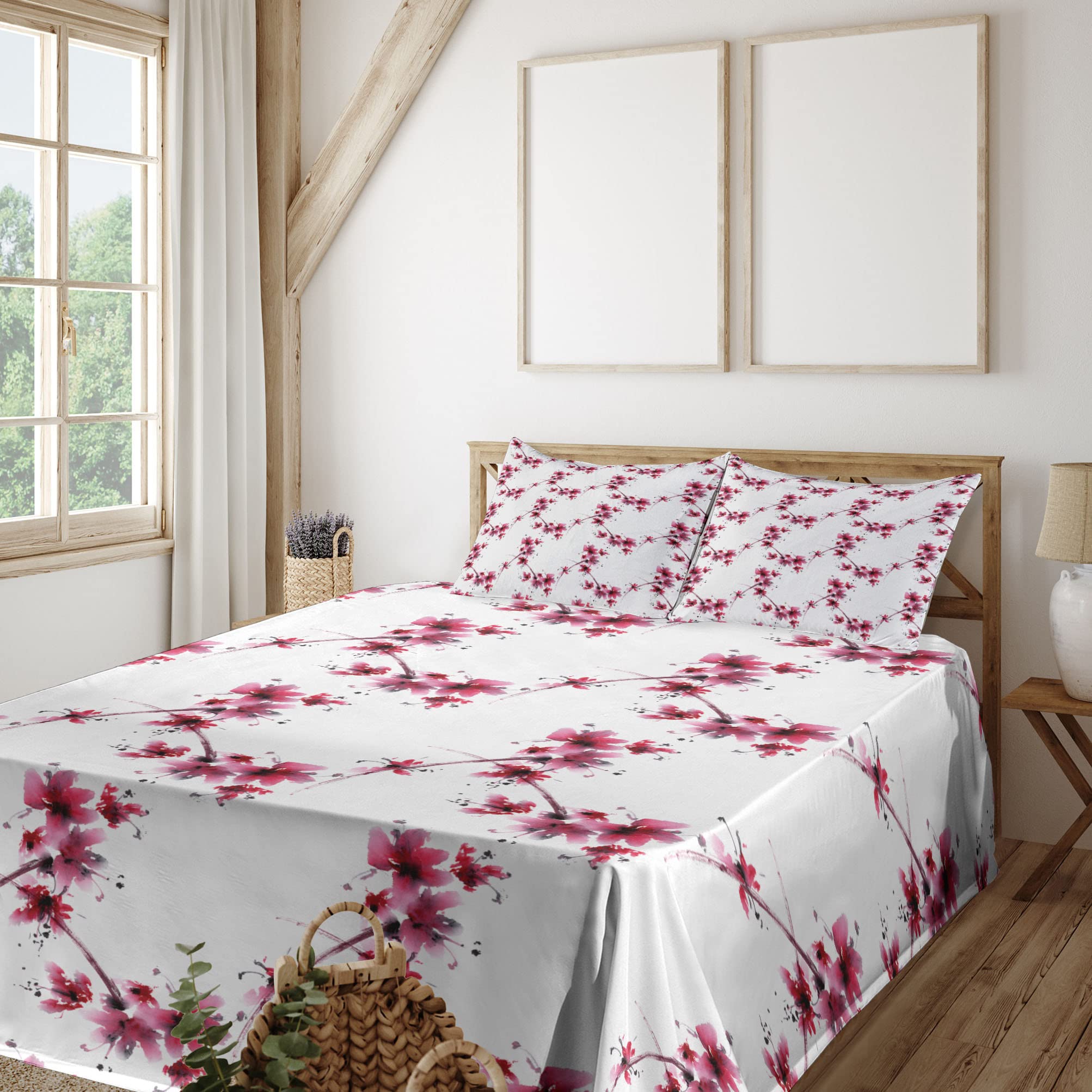 Ambesonne 4-Piece King Sheet Set - Watercolor Floral Design with Twigs, Fuchsia & White Bedding | Soft Cotton Blend Fitted & Flat Sheets with Pillowcases | Perfect for Master Bedroom, Guest Room, or Dorm Decor