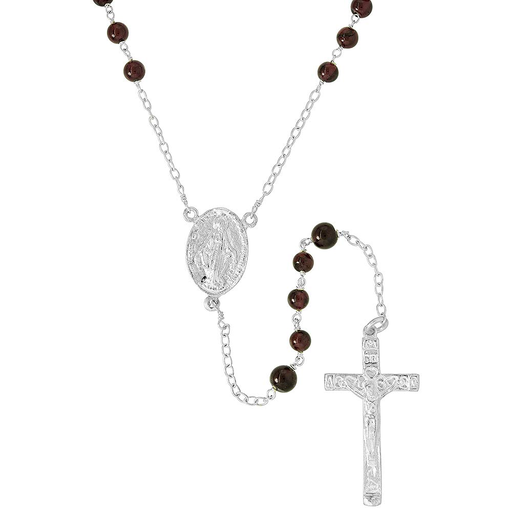 6mm Genuine Sterling Silver Rosary Necklace with Mother Mary & Sacred Heart of Jesus Pendant - 30 Inch Chain - Religious Jewelry for Prayer, Devotion & Catholic Gifts
