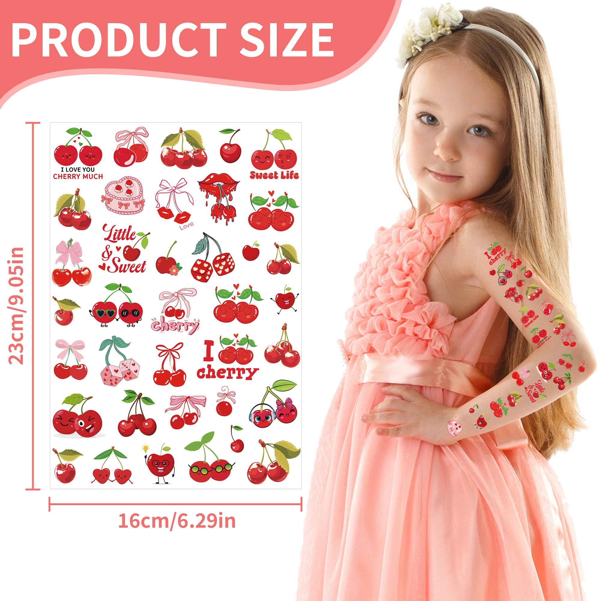 280 Pcs Cherry Temporary Tattoos for Parties - Fun Fruit Themed Birthday Favors, Cute Cherry Design Party Supplies & Decorations | Perfect for Birthday Treat Bags, Baby Showers & Summer Events (8 Sheets)