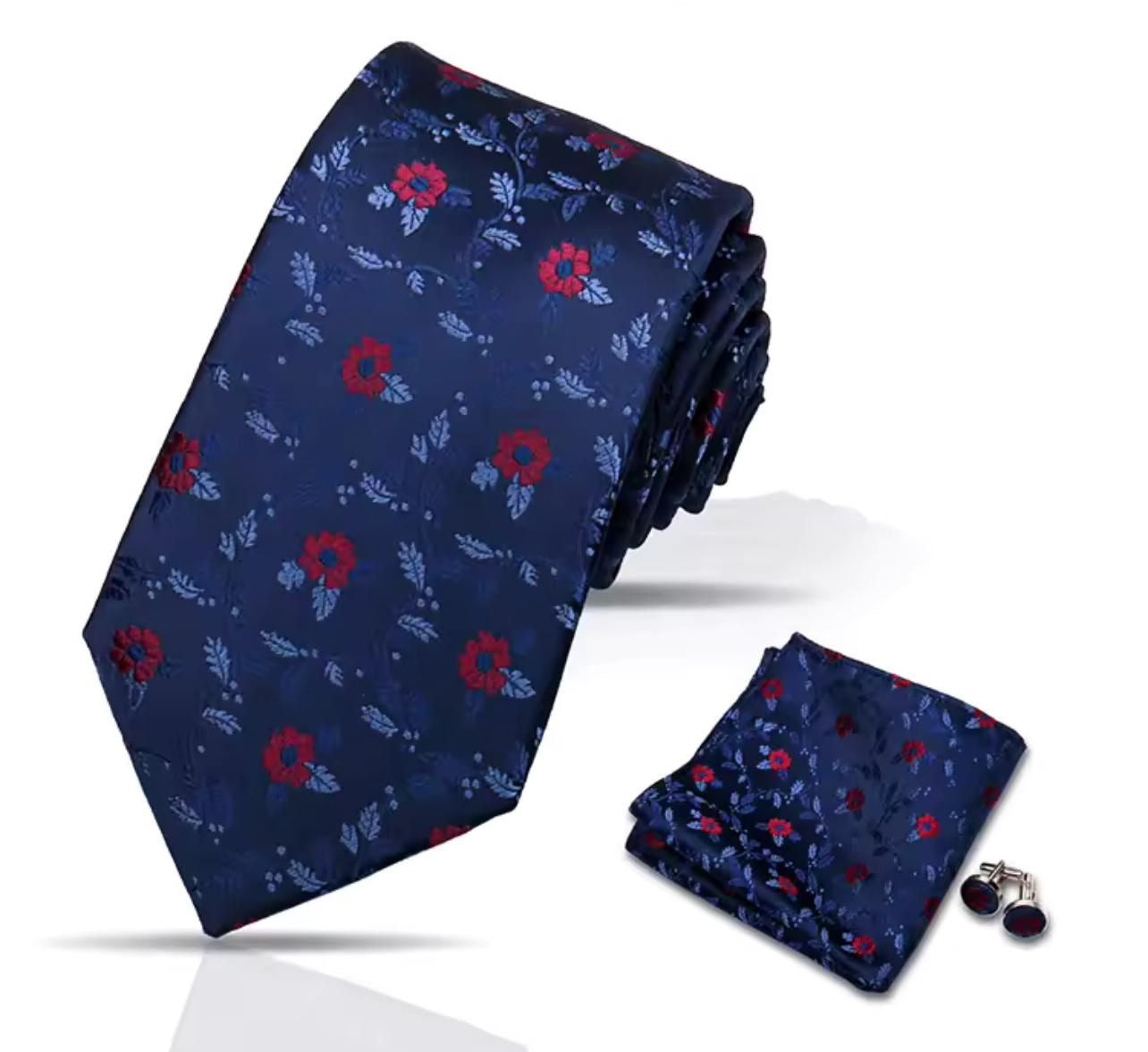 Navy Floral Men's Tie Set with Pocket Square & Cufflinks - Elegant Formal Accessories for Weddings, Business Meetings & Special Occasions