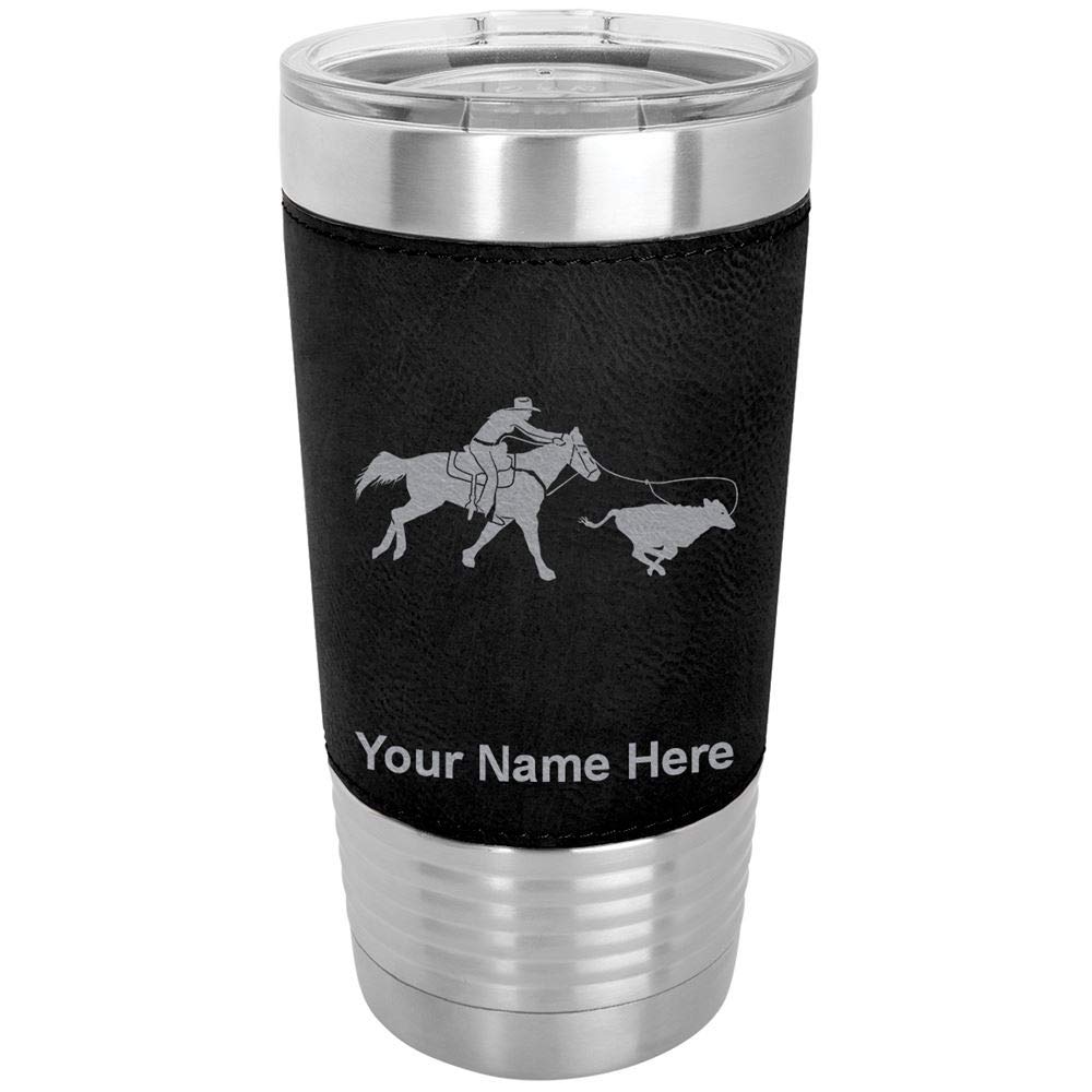 LaserGram 20oz Vacuum Insulated Stainless Steel Tumbler Mug with Personalized Engraving - Cowgirl Roping a Calf Design, Faux Leather Handle, Black - Perfect for Coffee, Tea & Cold Drinks at Work, Gym or Outdoor Adventures