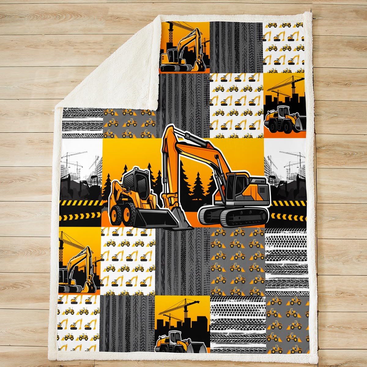 Kids Excavator Fleece Blanket - Cartoon Construction Truck Theme Sherpa Blanket for Boys & Teens, Grey Yellow White Striped Patchwork Bedding - Perfect for Bedroom Decor, Movie Nights & Camping