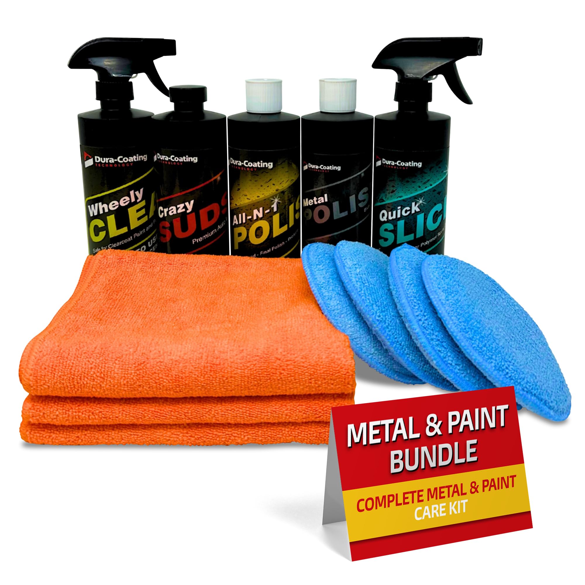 Premium Dura-Coating Metal & Paint Care Bundle - Blue Metal Polish, All-in-One Car Polish, Crazy Suds Car Wash, Wheely Clean Wheel Spray & Quick Slick Polymer Sealant with 4 Buffing Pads & Microfiber Towel - Complete Auto Detailing Kit for Cars, Motorcycles & Boats