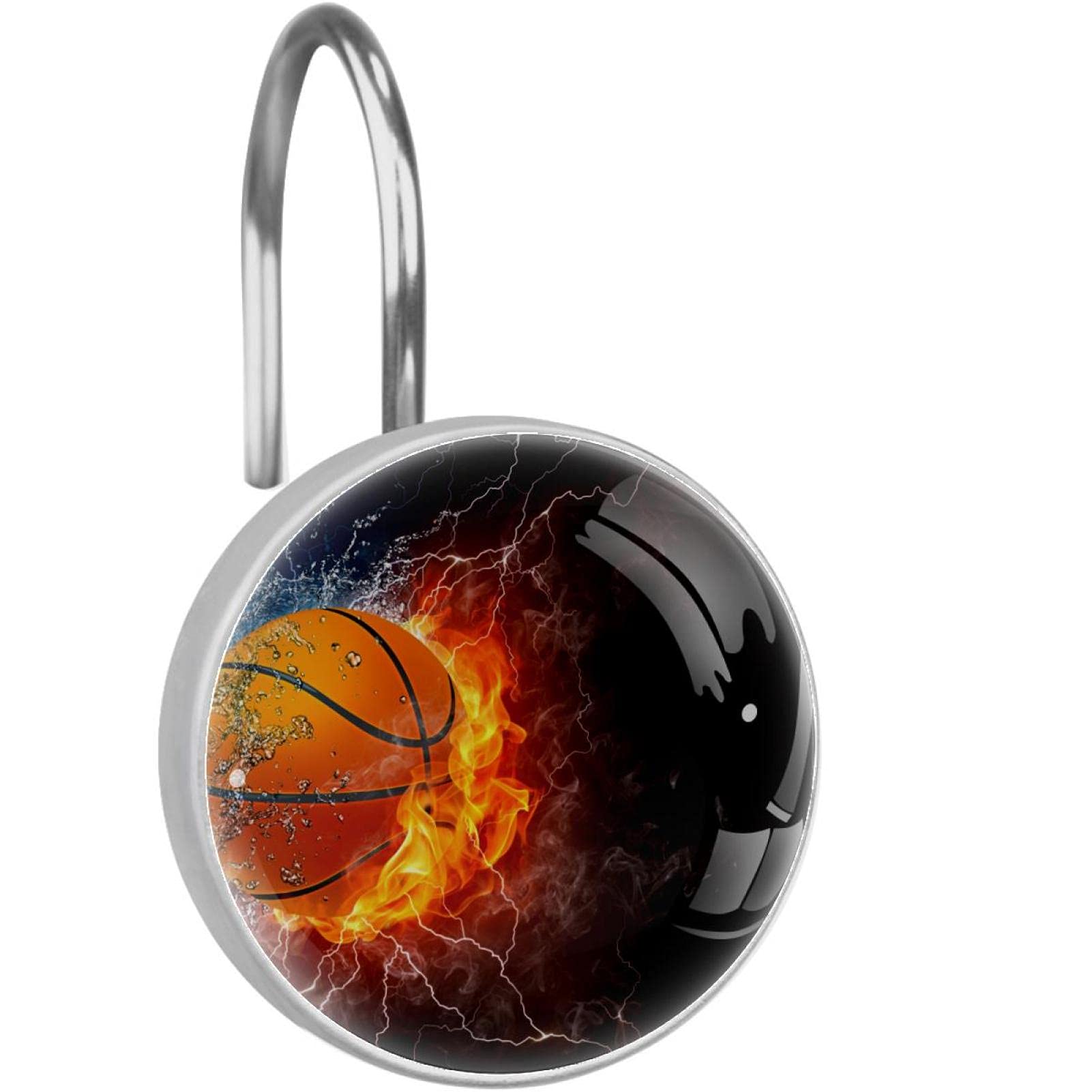 12-Pack Fire & Water Basketball-Themed Glass Resin Shower Curtain Hooks - Decorative Round Curtain Rings for Bathroom Decor, Sports Theme Bath Accessories - Perfect for Kids' Bathrooms, Sports Fans & Basketball-Themed Decor