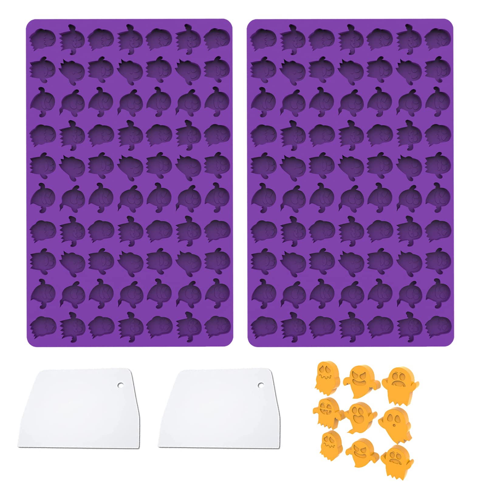 Katsy 2-Pack Halloween Silicone Candy Molds - 140 Mini Ghost Cavities, Food Grade Non-Stick Baking Molds for Chocolate, Biscuits, Gummies, Cookies & Jelly - Includes Baking Scraper - Perfect for Halloween Parties, DIY Treats & Spooky Desserts