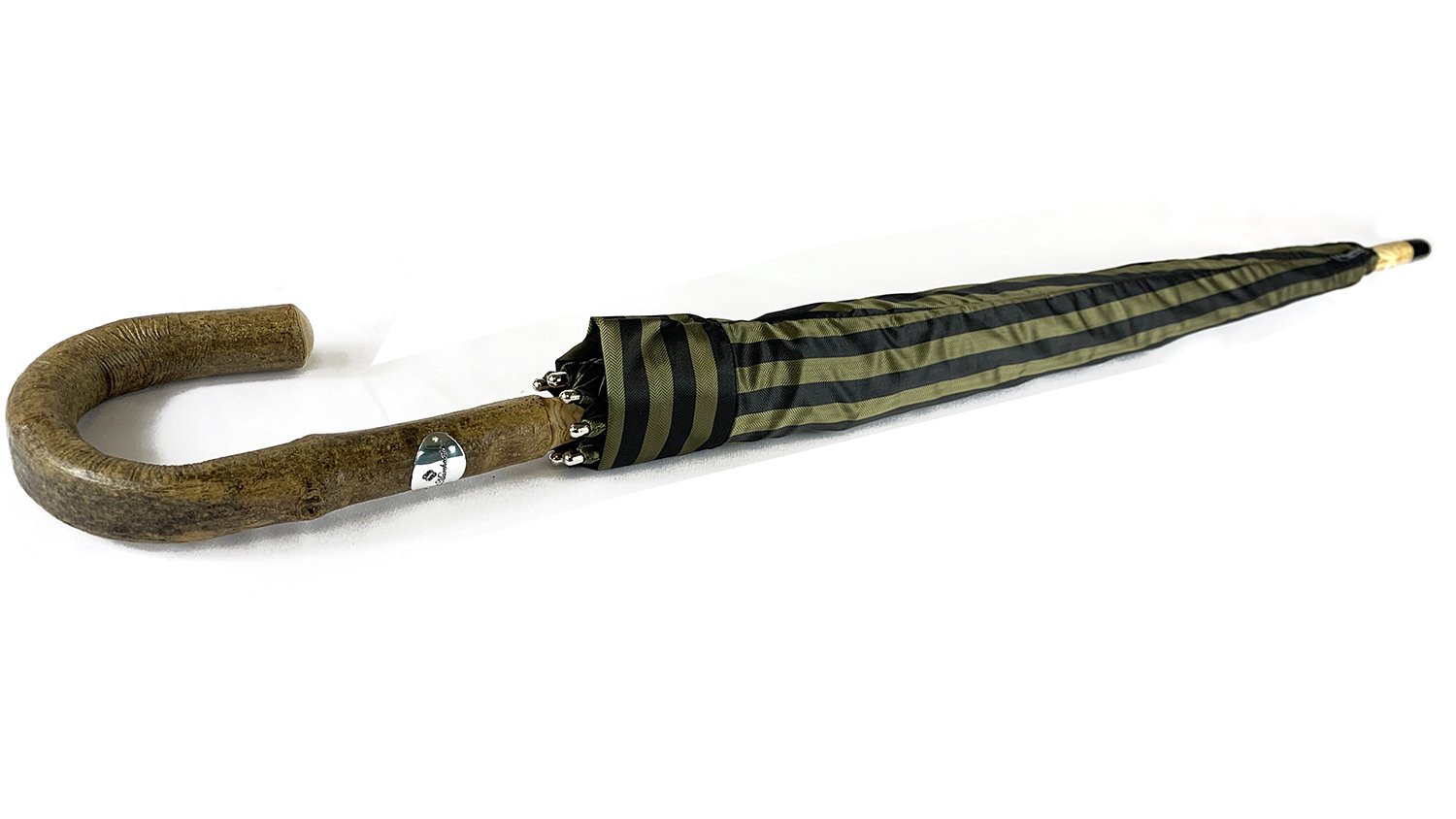 Handcrafted Dark Green Striped Umbrella with Natural Ash Wood Handle - Waterproof Windproof Compact Folding Umbrella for Rainy Days, Outdoor Travel, and Daily Commute