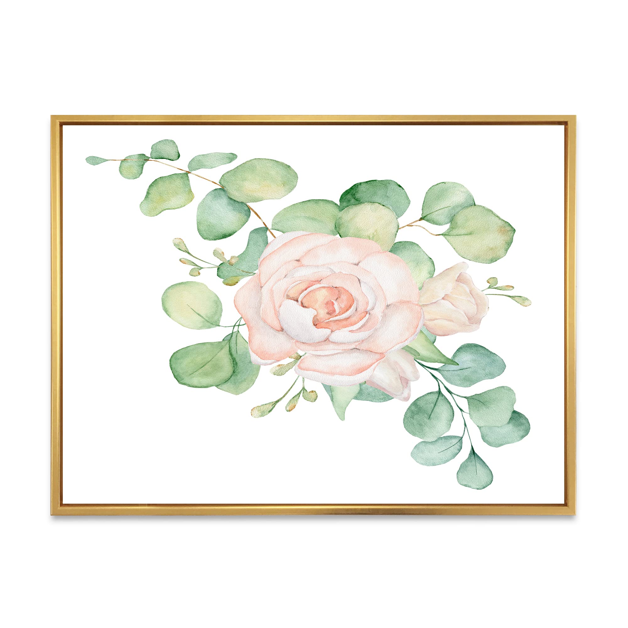 DesignQ Pink Roses and Eucalyptus Leaves Framed Canvas Wall Art - Floral Home Decor for Living Room, Bedroom & Office - Traditional Botanical Print for Modern Interior Design