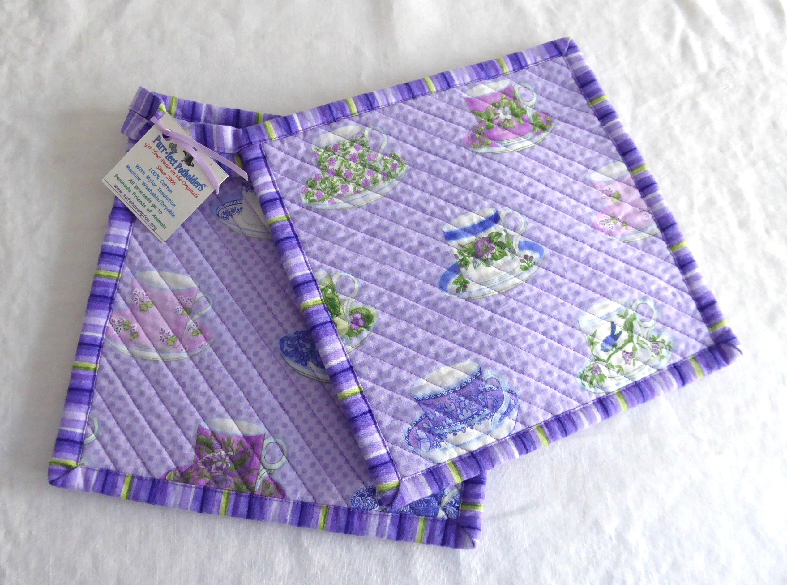 Handmade Purple and Pink Padded Potholders with Teacup Design - Pair for Kitchen & Baking - Supports Animal Charity | Perfect for Cooking, Baking, and Home Decor