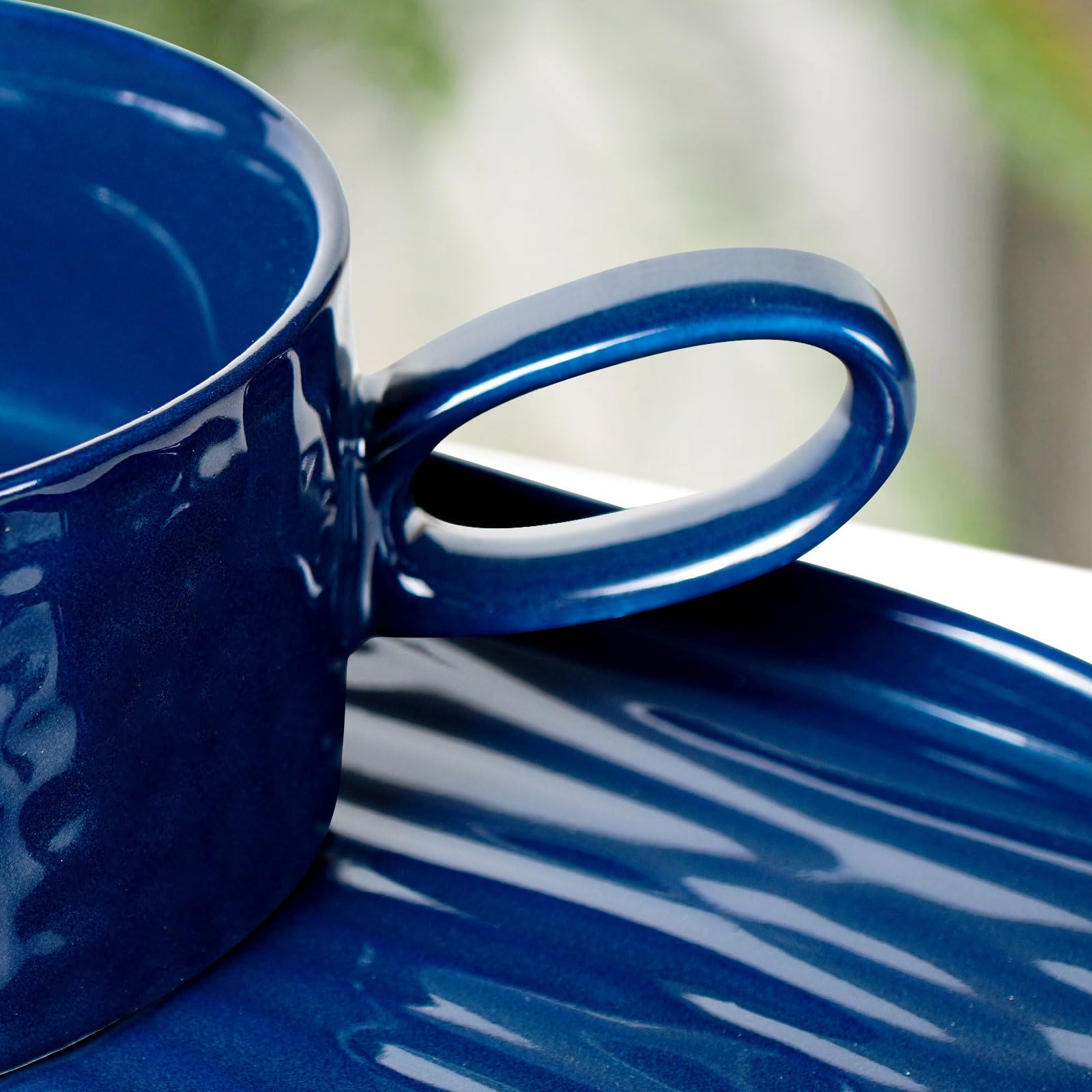 Ceramic Soup Bowl with Handle & Salad Plate Set - 18oz Microwave & Dishwasher Safe Soup Mug for Cereal, Pasta, Rice - Navy Blue Dinnerware Combo for Appetizers, Desserts, Sandwiches & Family Meals