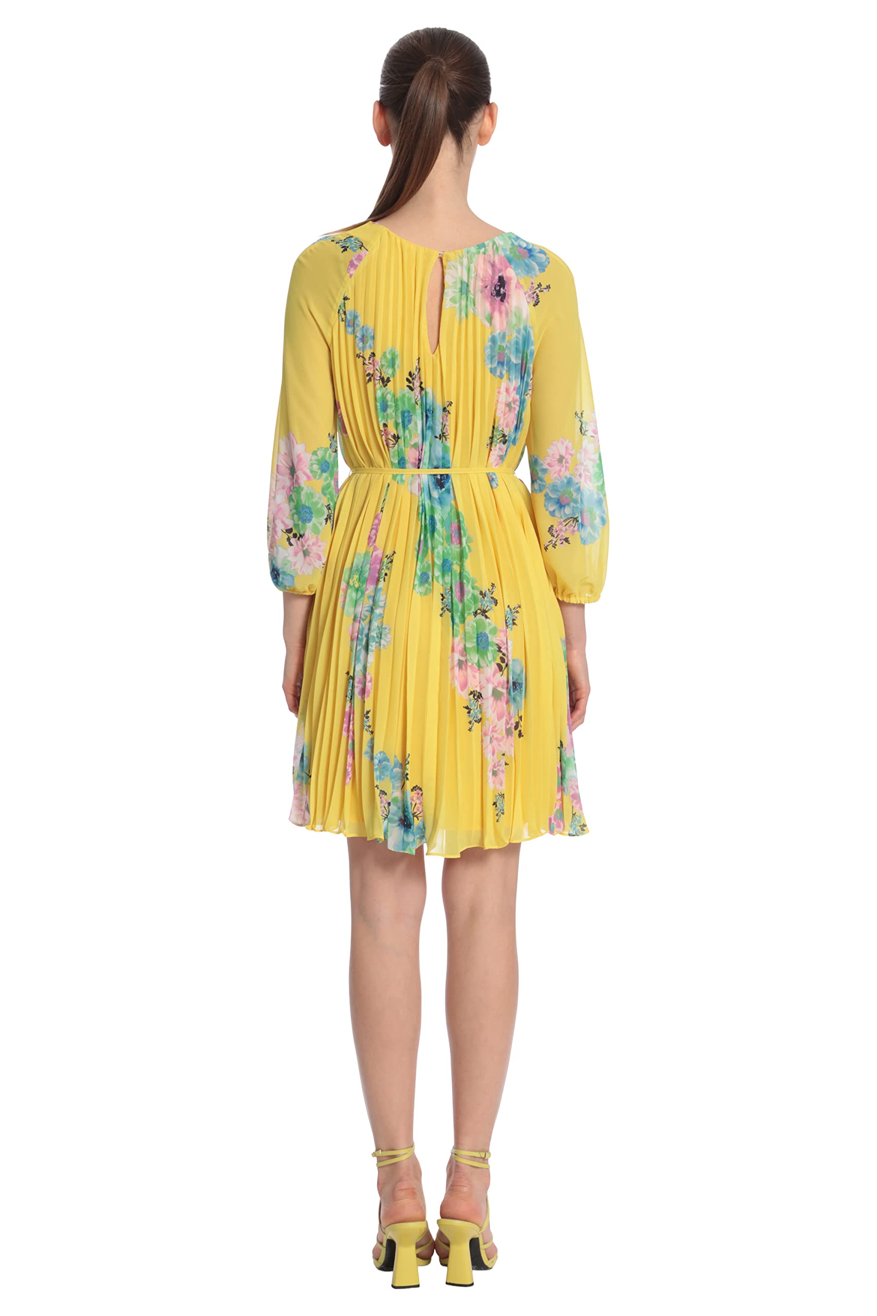 Maggy London Women's Floral Print Raglan Sleeve Dress with Pleated Trapeze Silhouette & Spaghetti Strap Waist Tie | Elegant Summer Dress for Weddings, Parties & Office Wear