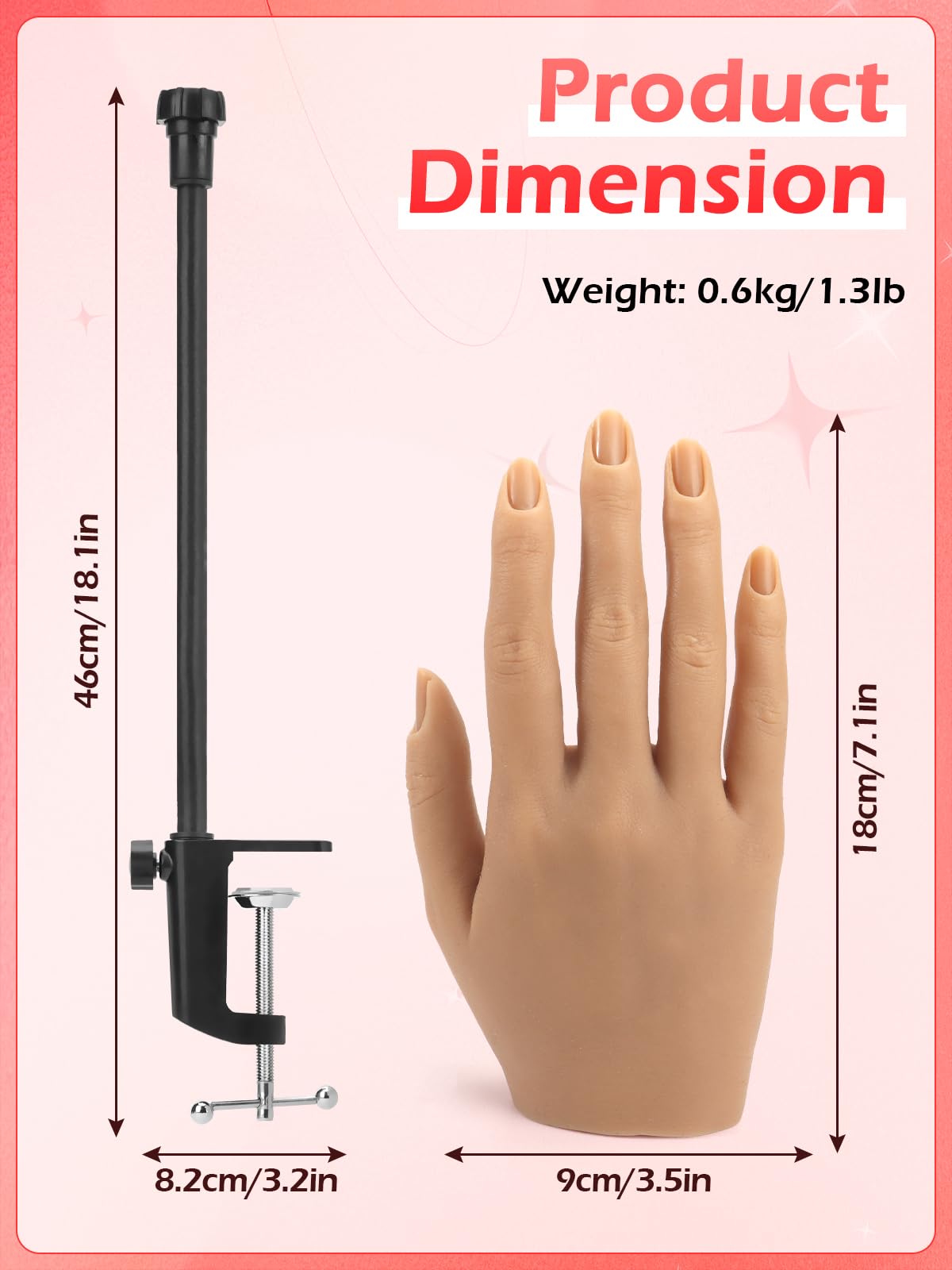 Professional Acrylic Nail Practice Hand - Soft Silicone Mannequin Hand with Stand for Nail Art Training | Realistic Flexible Fake Hand for Beginners & Professionals | Perfect for Salon Practice, Home Learning & Nail Technician Certification Prep (Right Hand)