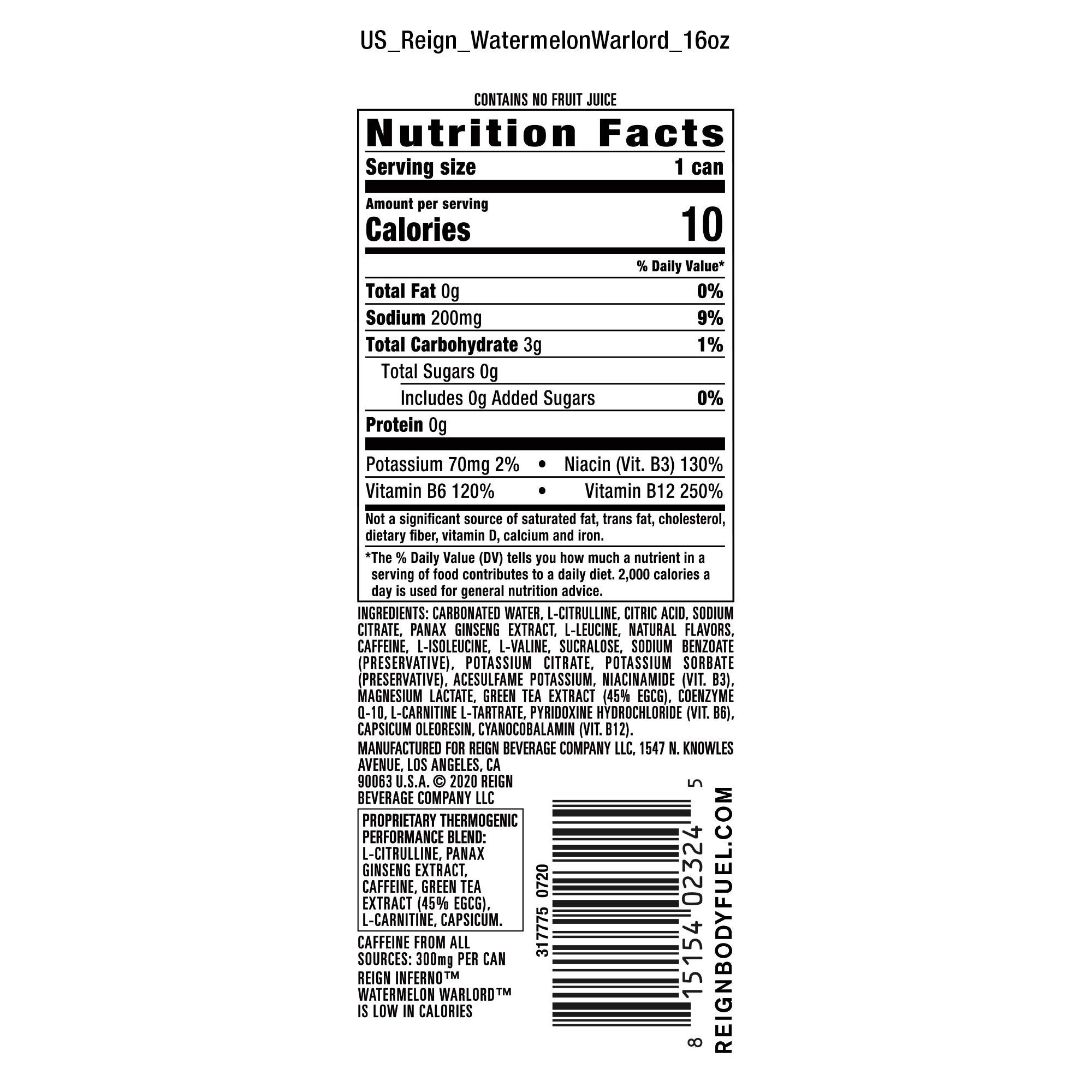 REIGN Inferno Watermelon Warlord Thermogenic Energy Drink - 16 Fl Oz (Pack of 12) | Pre-Workout & Post-Workout Performance Booster for Athletes & Fitness Enthusiasts