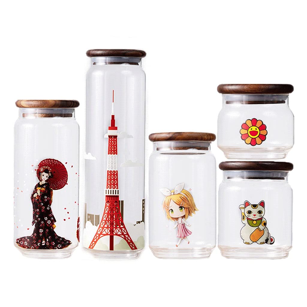 5-Piece Glass Food Storage Jars with Wood Lids - Airtight Canisters for Tea, Candy, Cookies | 3D Exquisite Clear Containers | Perfect for Kitchen Pantry Organization & Gift Giving
