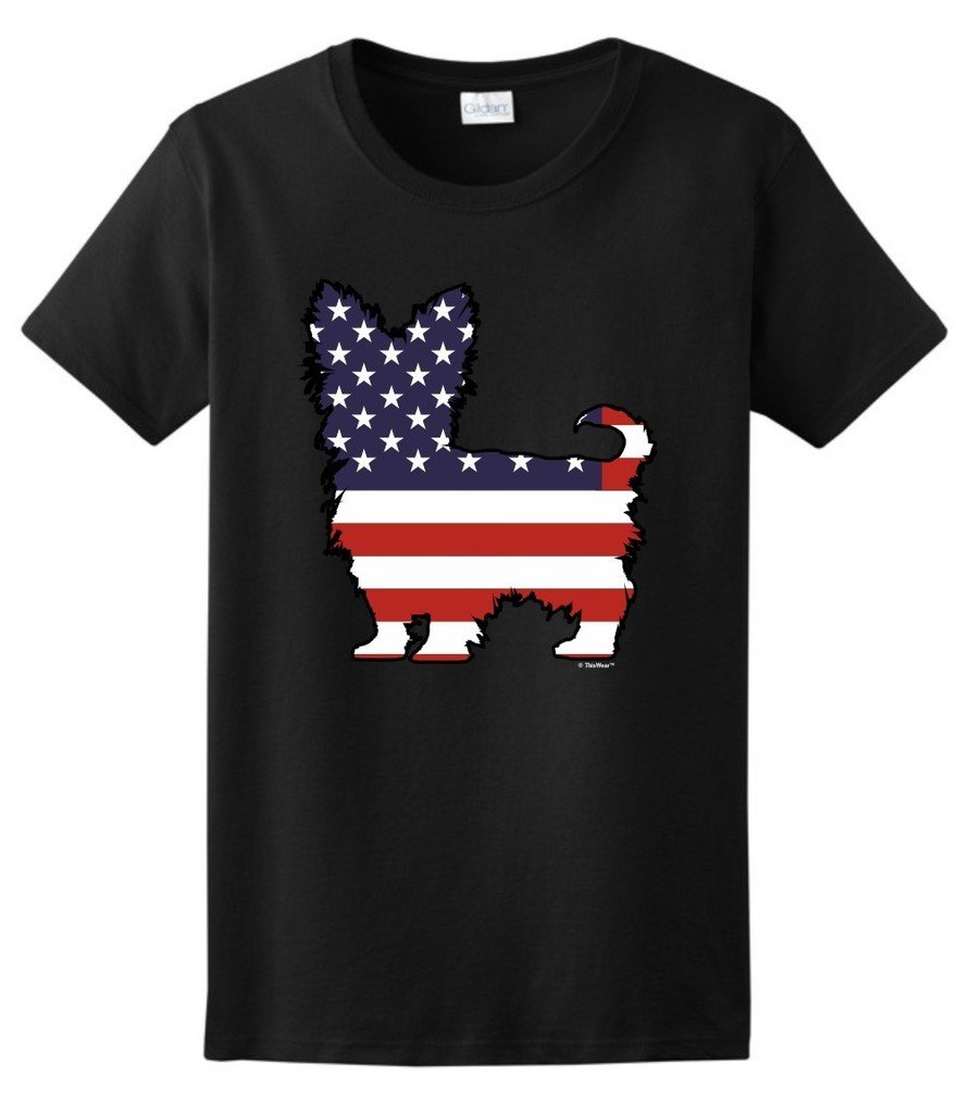 Patriotic Dog Yorkie Yorkshire Terrier American Flag Women's T-Shirt - Cute Casual Tee for 4th of July, Memorial Day & Pet Lovers