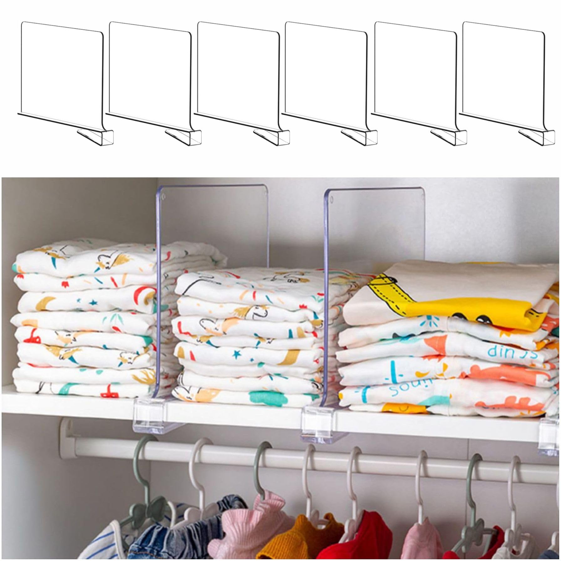 Yieach Clear Acrylic Shelf Dividers - 6 Pack Closet Organizer for Purses, Clothes & Handbags | Perfect for Kitchen Cabinets, Bedroom Storage & Wardrobe Organization | Durable Shelf Separators for Better Closet & Cabinet Organization
