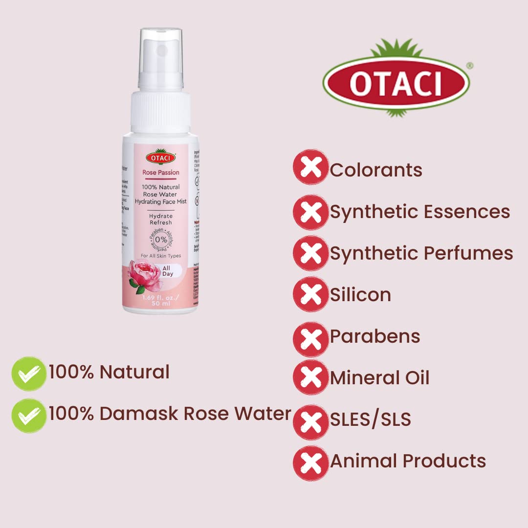 OTACI 100% Natural Rose Water Face Spray - Pure Damask Rose Hydrating Facial Toner, Refreshing & Firming Vegan Skin Care for Daily Cleansing & Makeup Setting