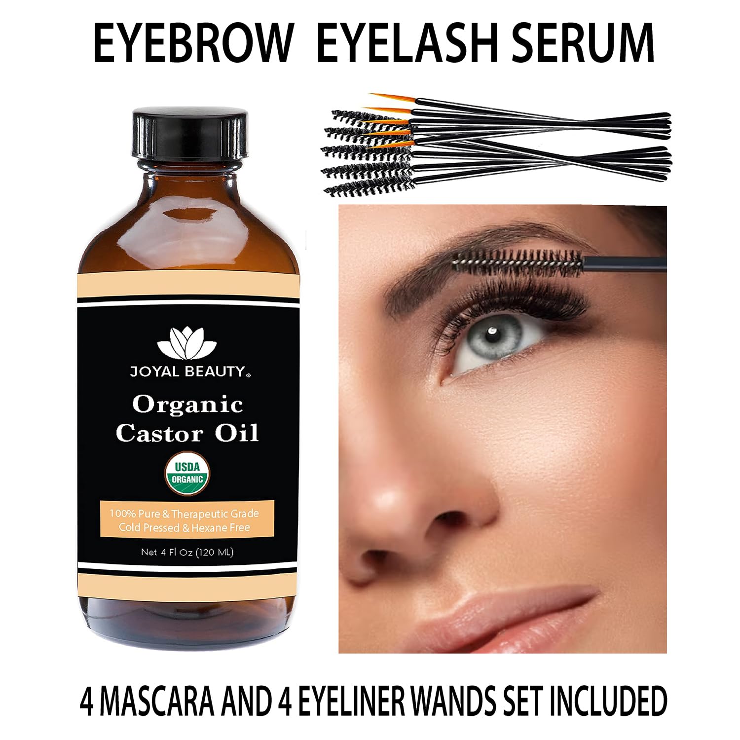 USDA Certified Organic Castor Oil - 100% Pure Cold Pressed Unrefined Hexane Free (4oz Glass Bottle) - Promotes Hair Growth, Eyelashes & Eyebrows - Natural Lash Serum for Face, Skin & Body Care - Includes Free Mascara Wand - Perfect for Nighttime Beauty Routine & DIY Hair Treatments