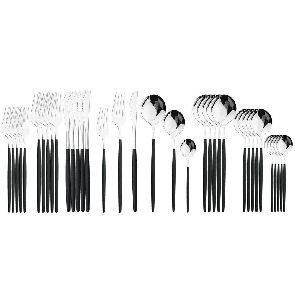 36-Piece Stainless Steel Silverware Flatware Set - Knife, Fork, Spoon, Teaspoon & Dessert Utensils for Dinner & Kitchen (Black/Silver) | Elegant Tableware for Restaurants, Dinner Parties & Everyday Use