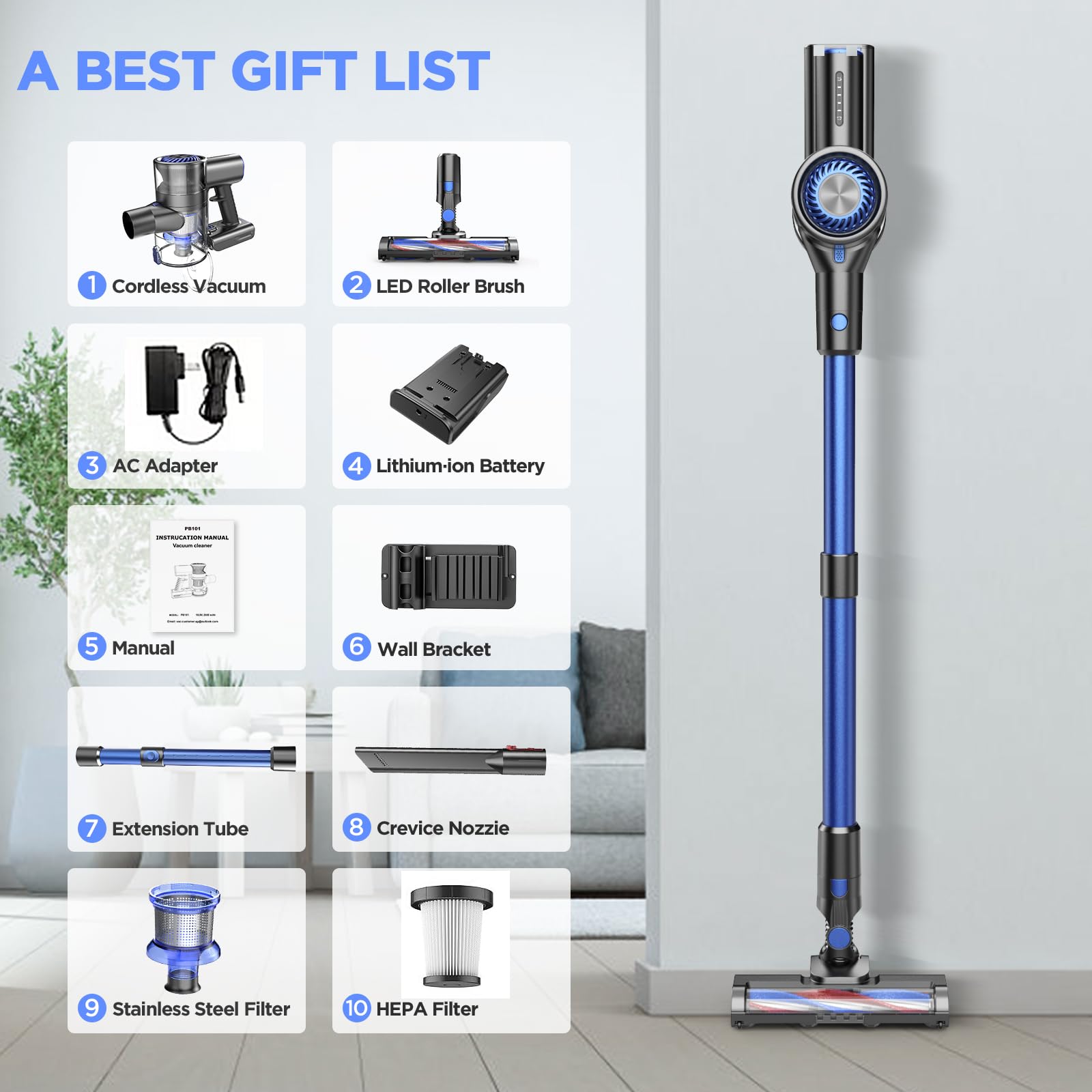 Powerful Cordless Vacuum Cleaner with 80000 RPM Brushless Motor & 2600mAh Battery - 40 Min Runtime for Hardwood Floors, Carpets, Pet Hair - Lightweight Stick Vac for Home Cleaning, Quick Pickup, Car Detailing