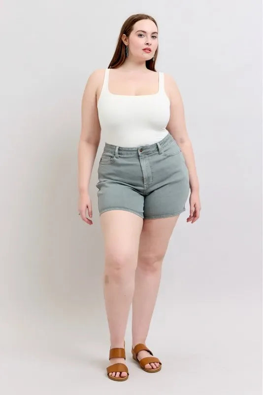 Judy Blue Women's Plus Size Garment Dyed Shorts with Back Pocket Embroidery - Comfortable Casual Wear for Summer Outings & Beach Vacations