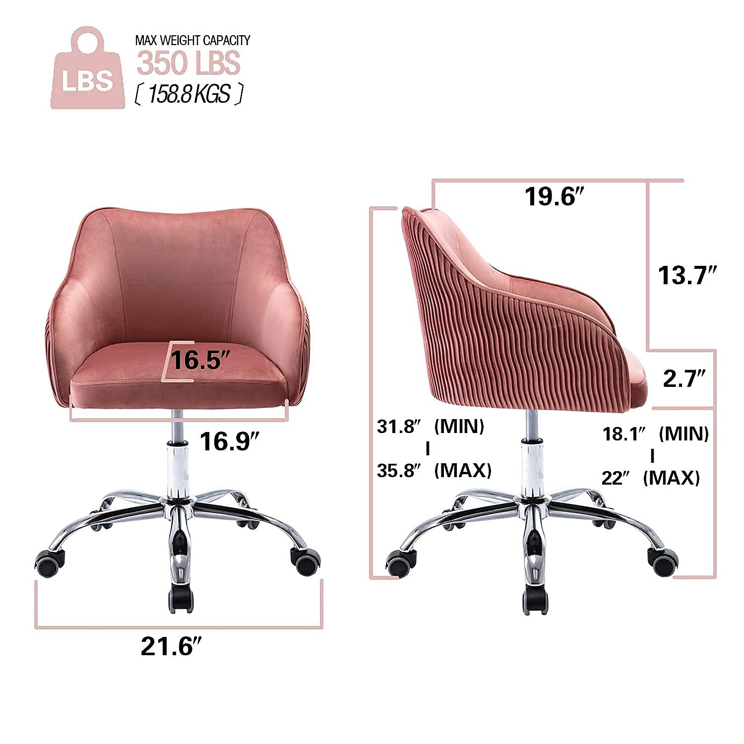 Cute Pink Velvet Desk Chair with Wheels and Arms for Teen Girls - Ergonomic Swivel Rolling Task Chair for Home Office, Bedroom, Makeup Vanity - Comfy Computer Chair for Studying, Working, Gaming & Relaxing