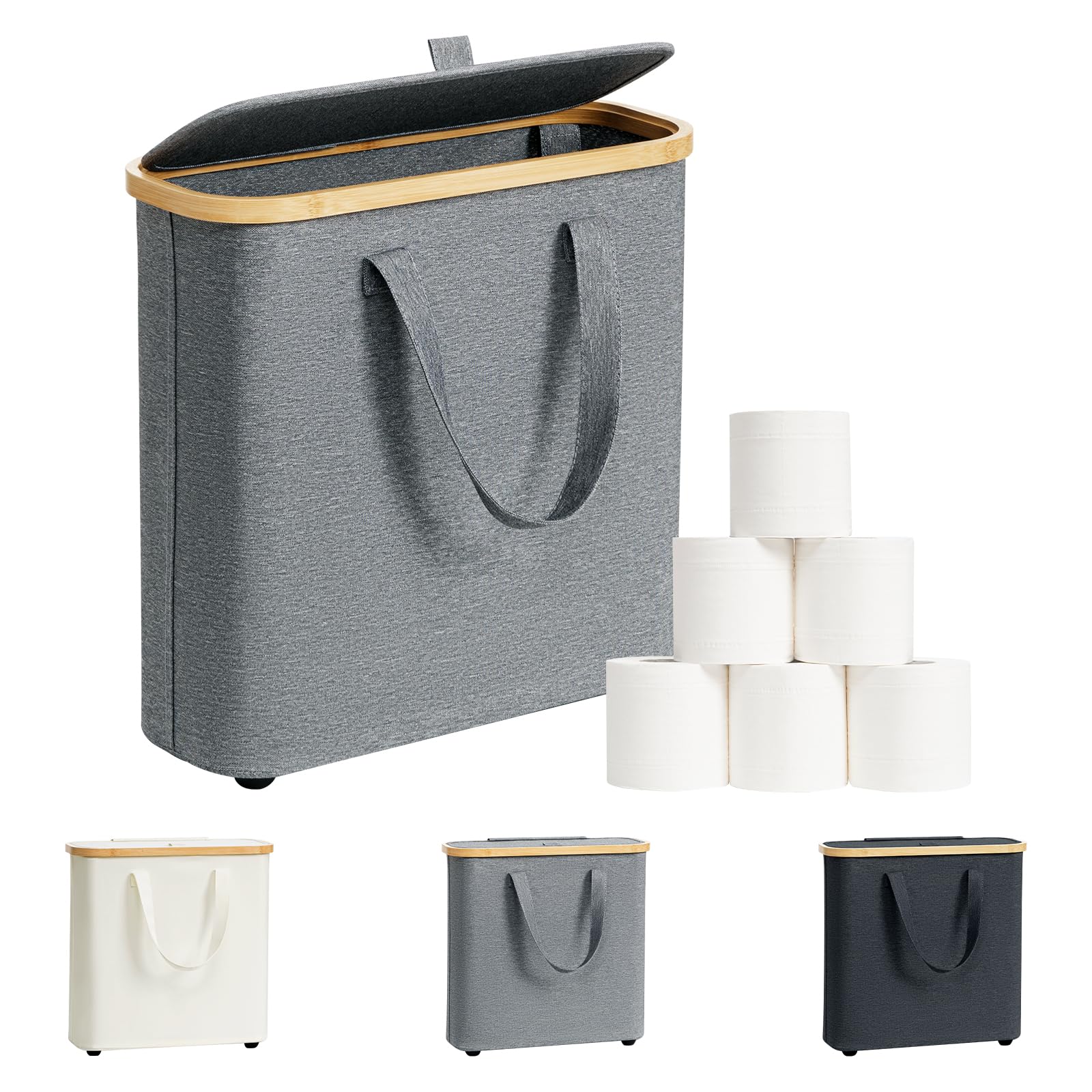 30L Bamboo Toilet Paper Storage Basket with Lid & Handle - Bathroom Tissue Organizer for 12-16 Rolls, Free Standing Toilet Paper Holder Stand - Perfect for Bathroom Storage, Home Organization & Space Saving
