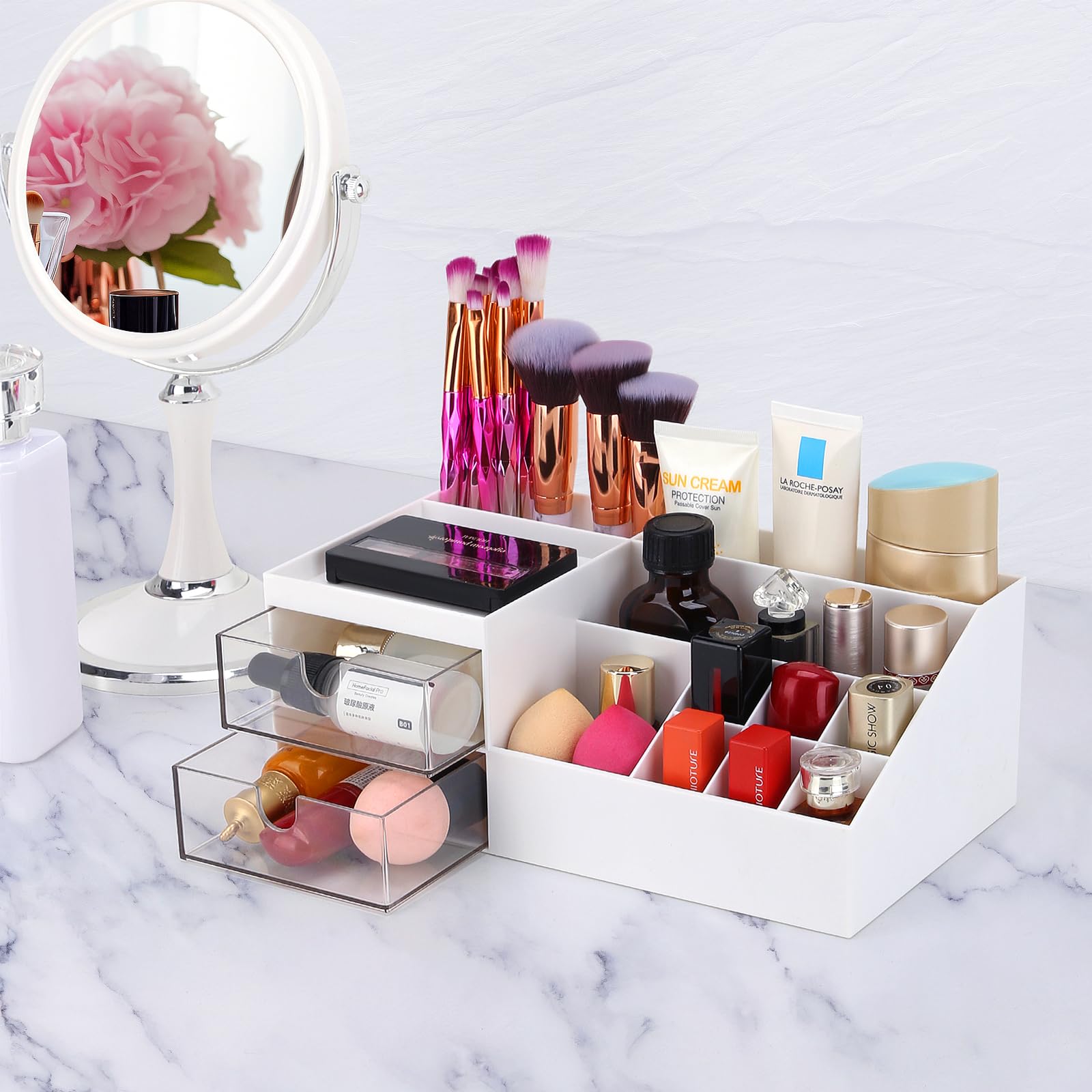 LETURE Desk & Vanity Organizer Box - White Cosmetic Makeup Storage for Eyeshadows, Skincare, Concealers, Powders & Nail Polish | Perfect for Bathroom Counter, Dressing Table & Office Desk Organization