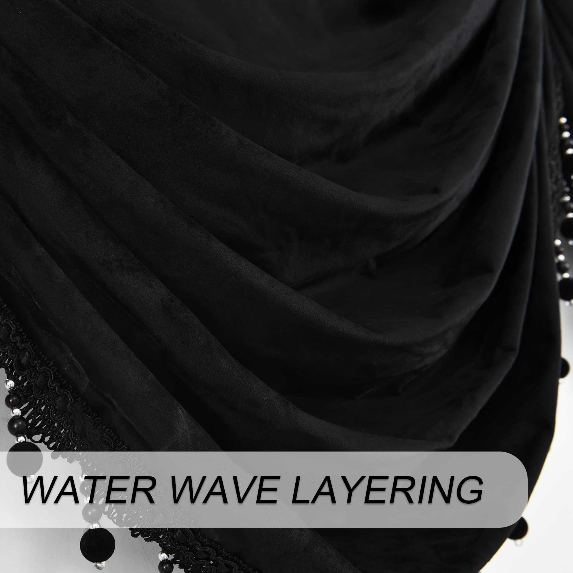 Black Rod Pocket Velvet Window Curtain Valance - 1 Panel Waterfall Valance for Living Room & Bedroom (110