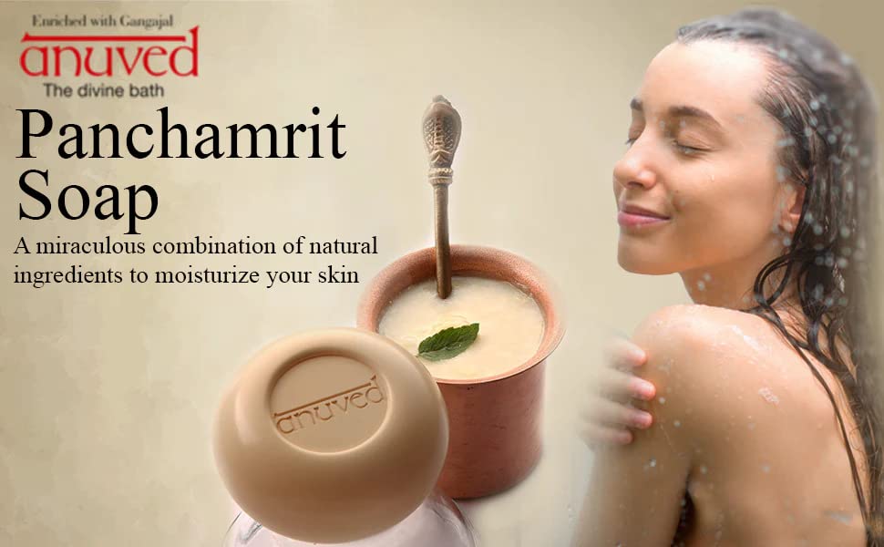 Anuved Panchamrit Herbal Soap - Pack of 3 (125g Each) | Natural Skincare with Cow Milk, Yogurt, Ghee, Organic Jaggery & Honey | Enriched with Rishikesh Ganga Water | Healing & Moisturizing Soap for Dry Skin | Perfect for Daily Ayurvedic Skincare Routine & Spa Treatments