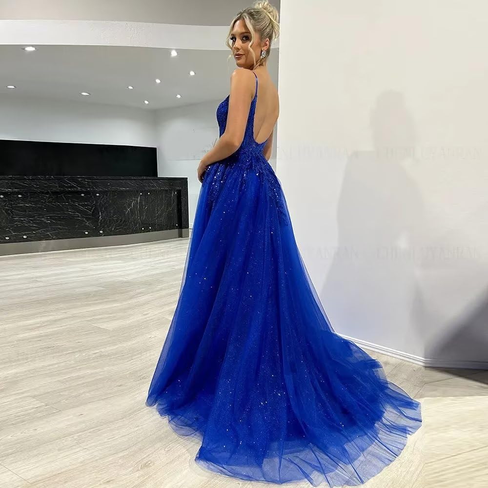 Homdor Sequin Applique Tulle Prom Dress - Long Spaghetti Straps V-Neck Ball Gown Glitter Formal Evening Gown for Homecoming, Wedding, Quinceañera & Special Occasions