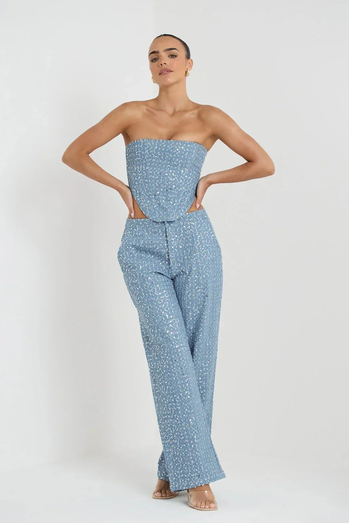 Feilandy Women's Sexy Sequins Strapless Tank Top & Loose Pants 2-Piece Outfit Set - Luxury Party Club Chic Fashion for Nightlife, Cocktail Events & Special Occasions