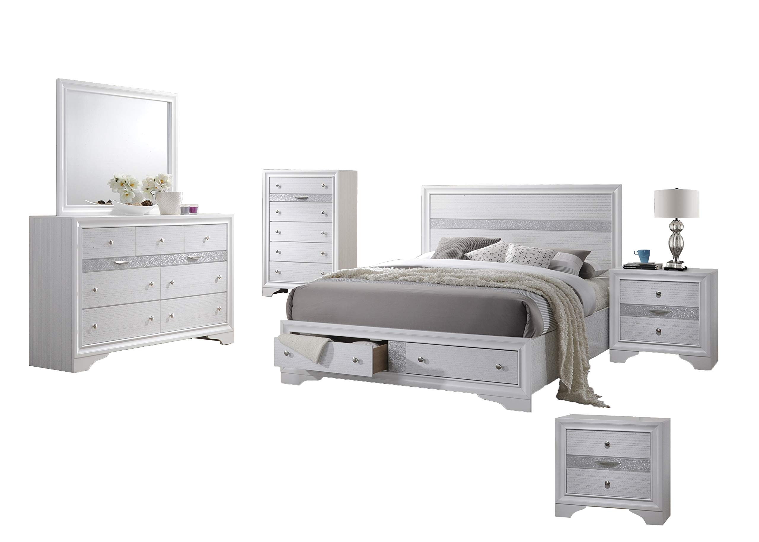 Premium 6-Piece Eastern King Bedroom Set - CATHERINE White Bed, Dresser, Mirror, 2 Nightstands & Chest | Elegant Master Suite Furniture for Luxurious Home Decor