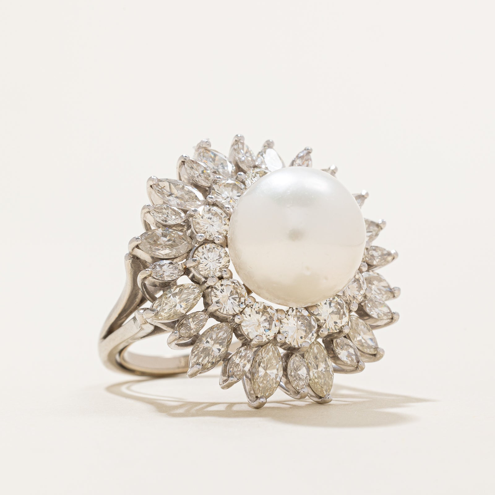 Elegant 12.50mm Pearl & Diamond Cocktail Ring | 4.92 Carat Total Weight | Size 8 | Perfect for Evening Parties, Weddings & Special Occasions