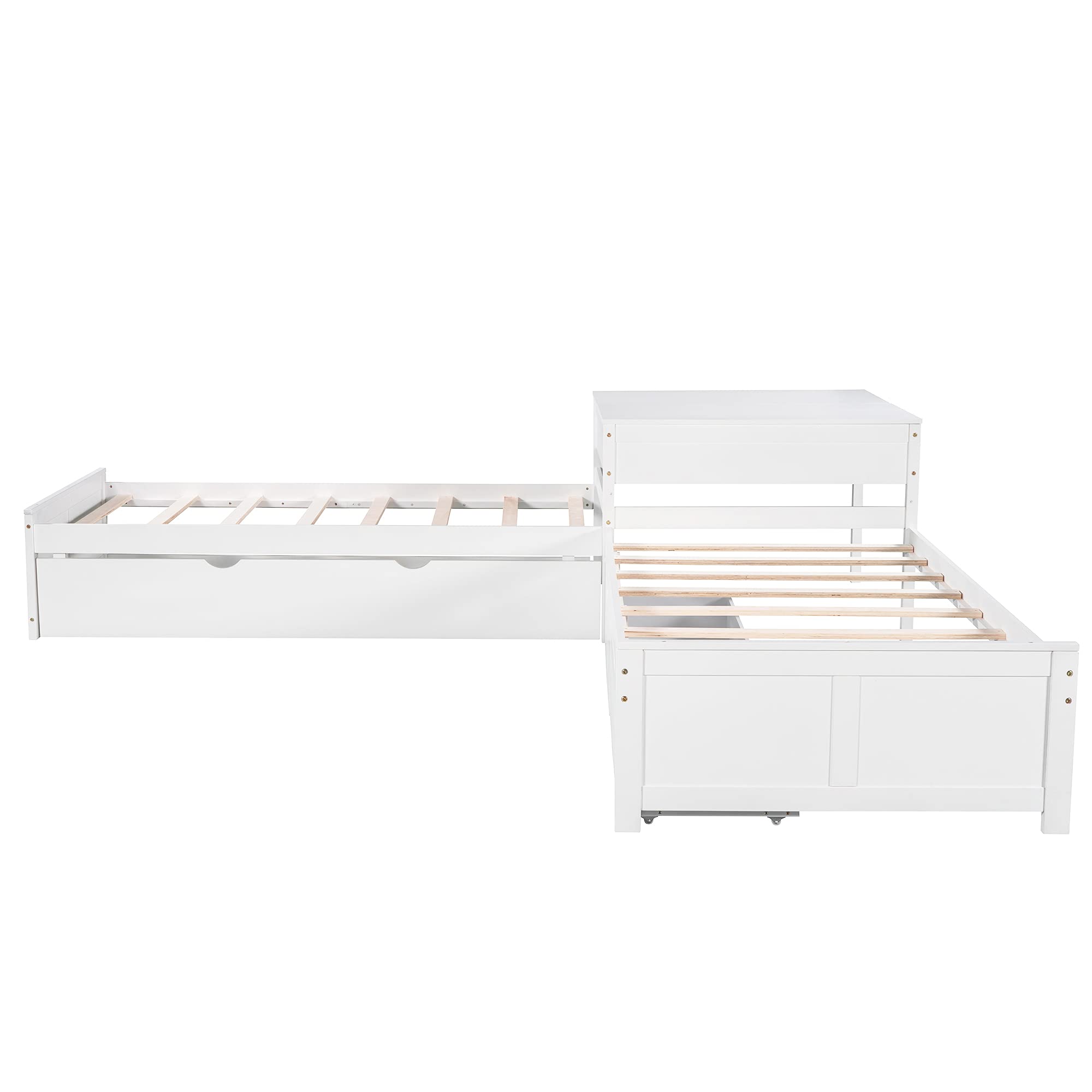 P PURLOVE L-Shaped Triple Bed Frame with Trundle & Storage Drawers - Wooden Platform Bed with Built-in Study Desk for Kids & Teens - Perfect for Small Bedrooms, Dorm Rooms & Space-Saving Kids' Rooms