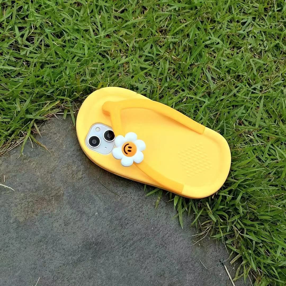 Yatchen Cute Cartoon Yellow Slippers & Flower Flip Flops 3D Soft Silicone Phone Case for iPhone 13 - Kawaii Design, Protective Cover for Women & Girls - Perfect for Summer, Beach Days, and Casual Outings