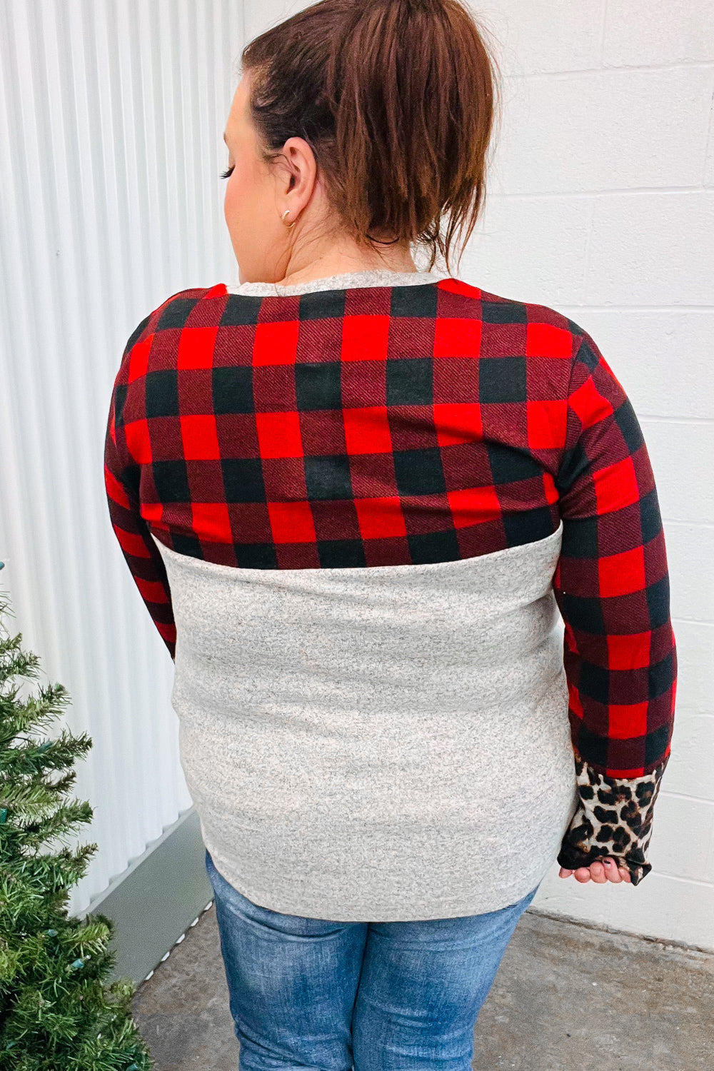 Stylish Grey & Red Plaid Animal Print Women's Top with Pockets - Perfect for Casual Outings, Date Nights, and Office Wear