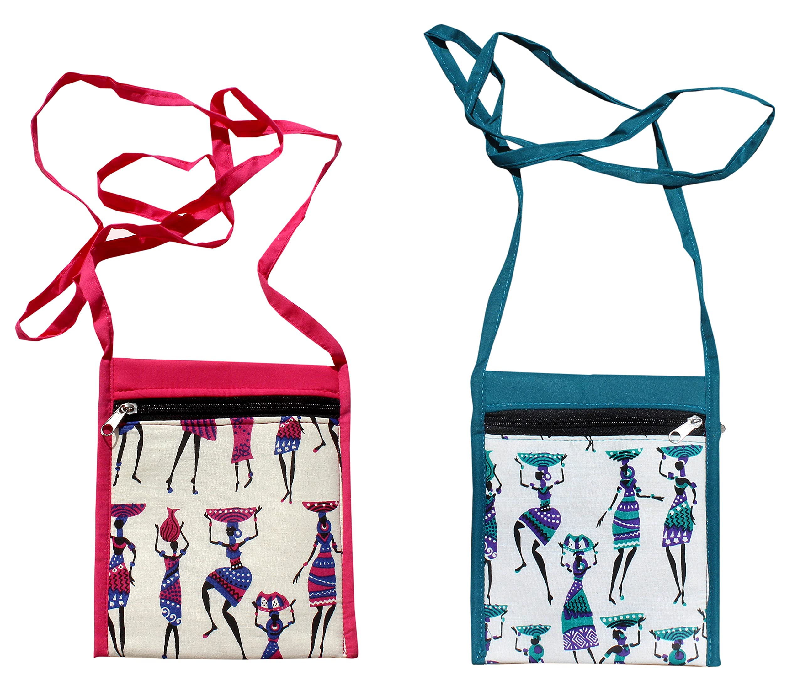 Mandhania Warli Printed Cotton Sling Bags for Women - Pack of 2 Multicolor Handmade Shoulder Bags - Perfect for Travel, Shopping & Casual Outings