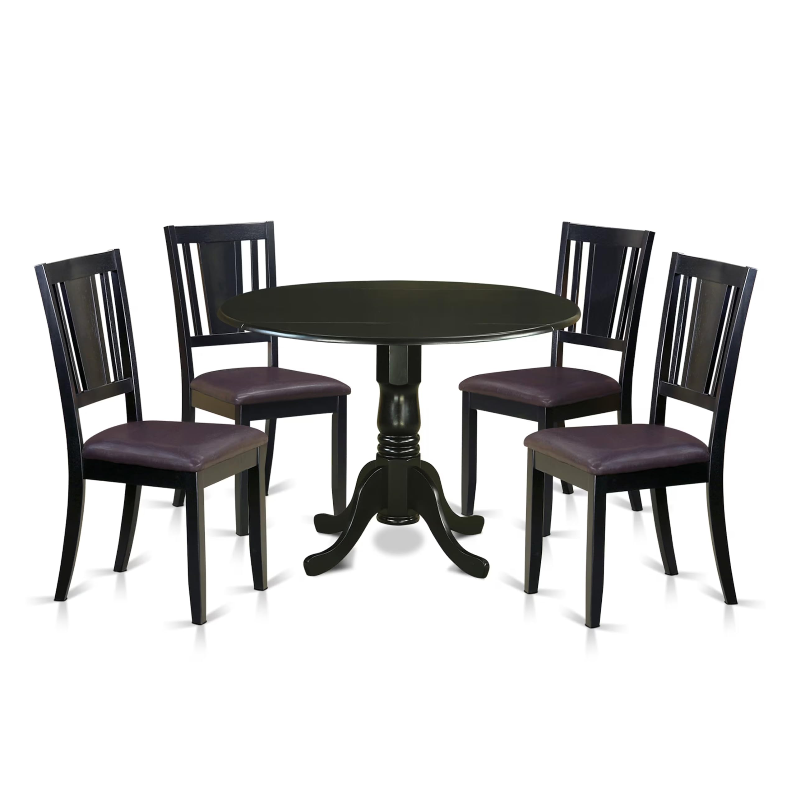 East West Furniture 5-Piece Modern Dining Set - Round Wooden Table with Drop Leaf & 4 Faux Leather Chairs, 42x42 Inch, Black - Perfect for Small Kitchen, Breakfast Nook, or Apartment Dining Area