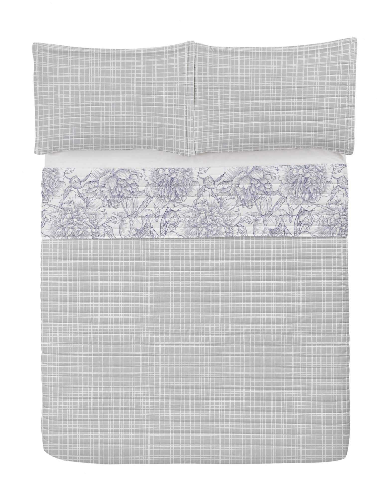 Ambesonne Floral Reversible King Size Bedspread Set - Hand Drawn Rose, Chamomile & Peonies Design on Lavender Blue Microfiber Bedding with Pillow Shams | Perfect for Master Bedroom, Guest Room & Bohemian Home Decor