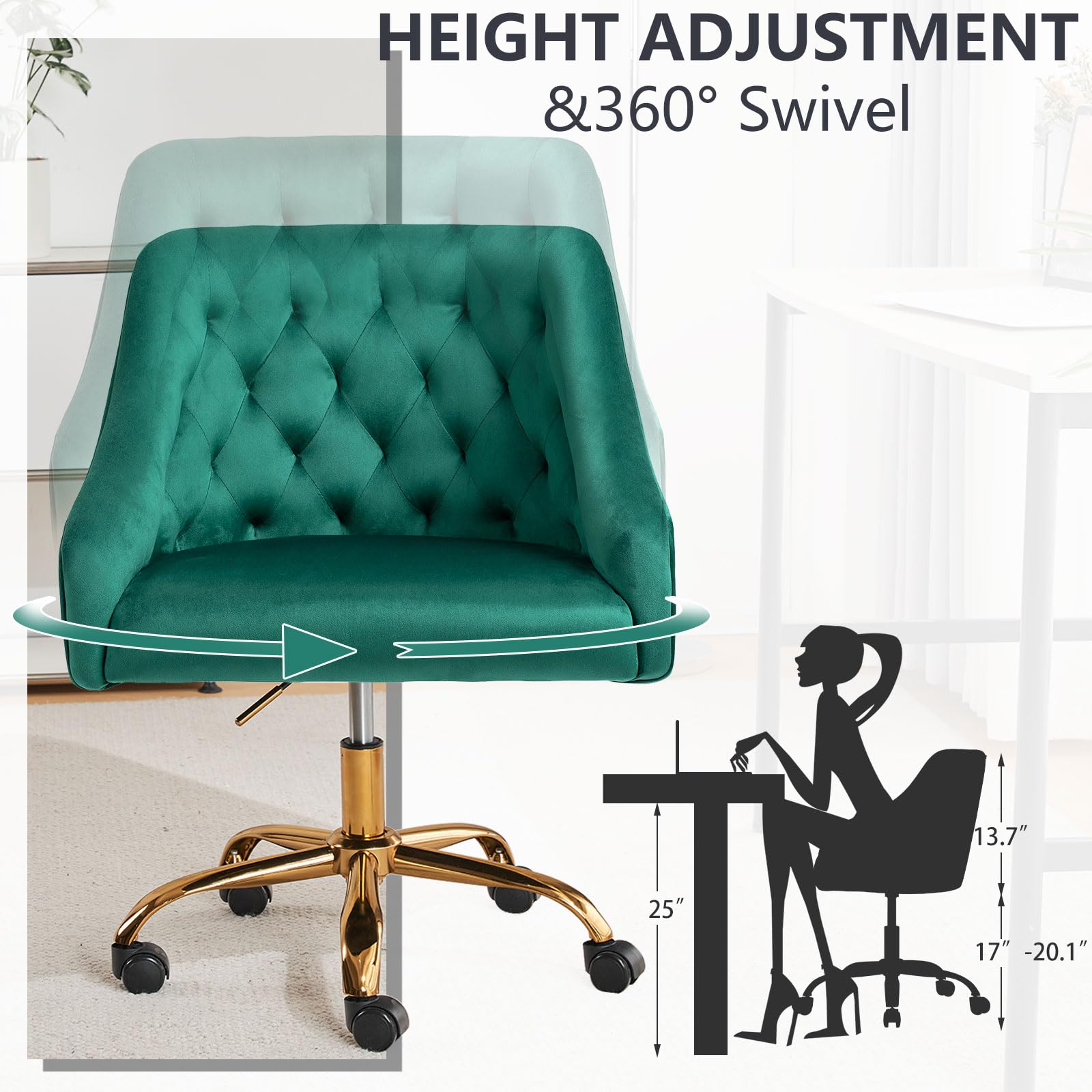MOJAY Velvet Office Swivel Chair - Luxurious Fabric Desk Chair with 360° Rotation & Height Adjustment, Elegant Gold Base - Perfect for Home Office, Reception Areas & Vanity Desks (Green)