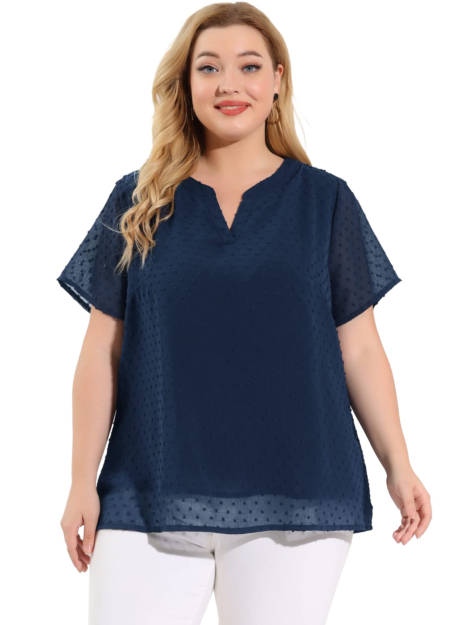 Agnes Orinda Plus Size Women's Summer Tops - Swiss Dot Print Notched Neck Short Sleeve Blouse | Casual Office Wear & Vacation Outfit