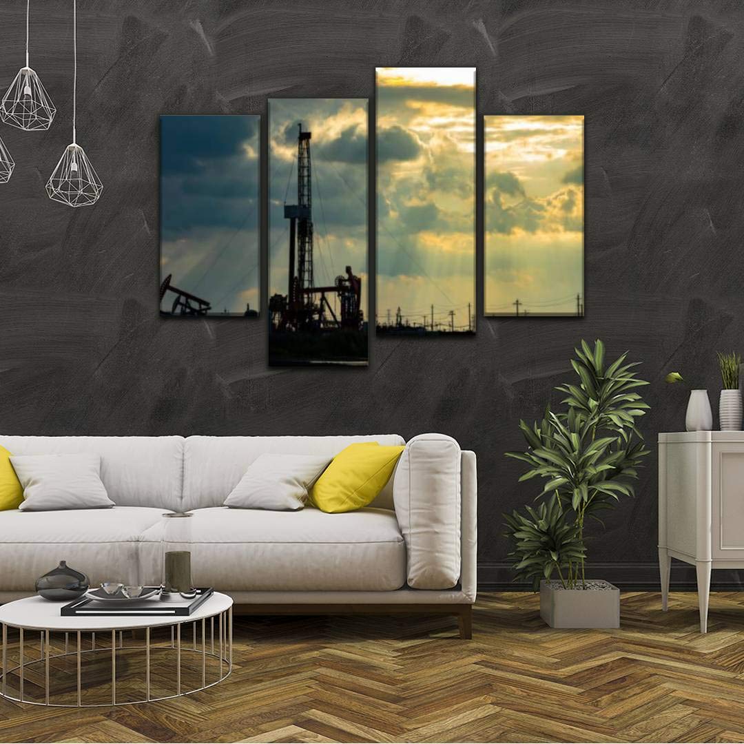 4 Panels Oilfield Derrick Canvas Paintings - Modern Oil Industry Wall Art & Framed Posters Ready to Hang - Home & Office Decor for Living Room, Bedroom, Man Cave