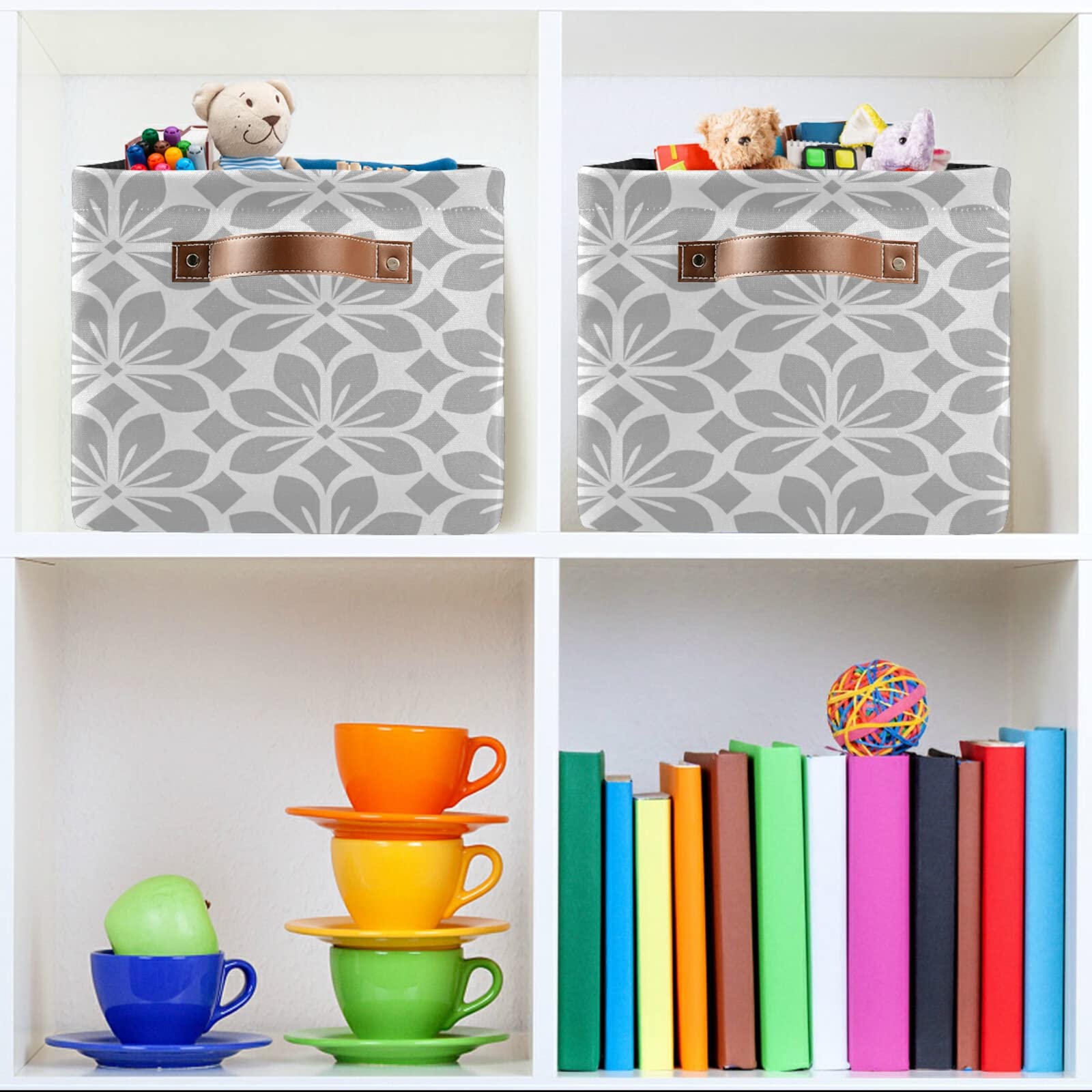 Gray White Floral Storage Basket - Large Collapsible Fabric Bin with PU Handles for Home Organization | Perfect for Shelves, Closet, Nursery & Laundry Room (1-Pack)