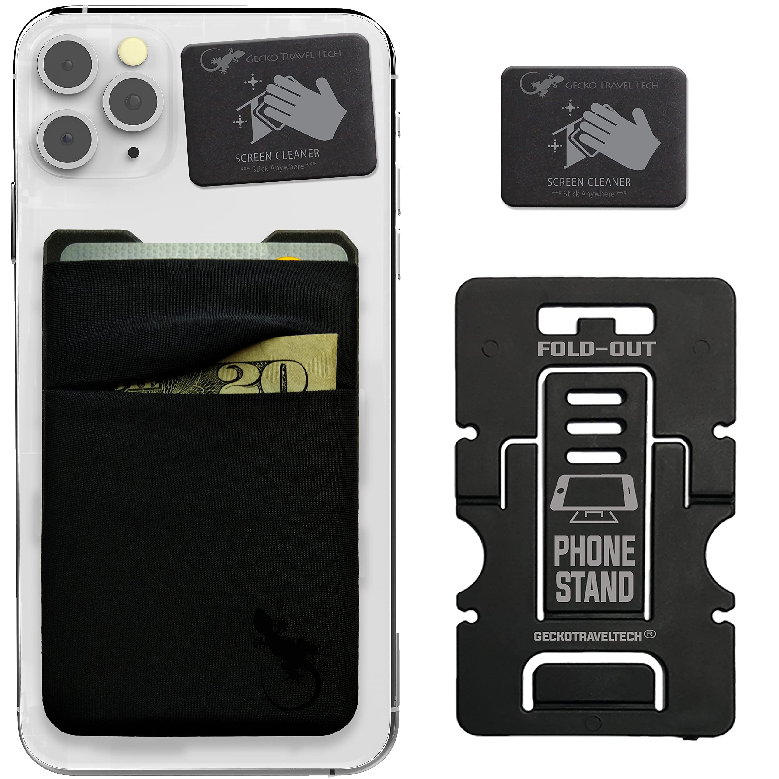Stick-On Gecko Phone Wallet with Double Pocket - Adhesive Card Holder for iPhone & Samsung - Slim Spandex Phone Pouch - Securely Carry Credit Cards, Cash & ID (Black) - Perfect for Gym, Travel & Everyday Use