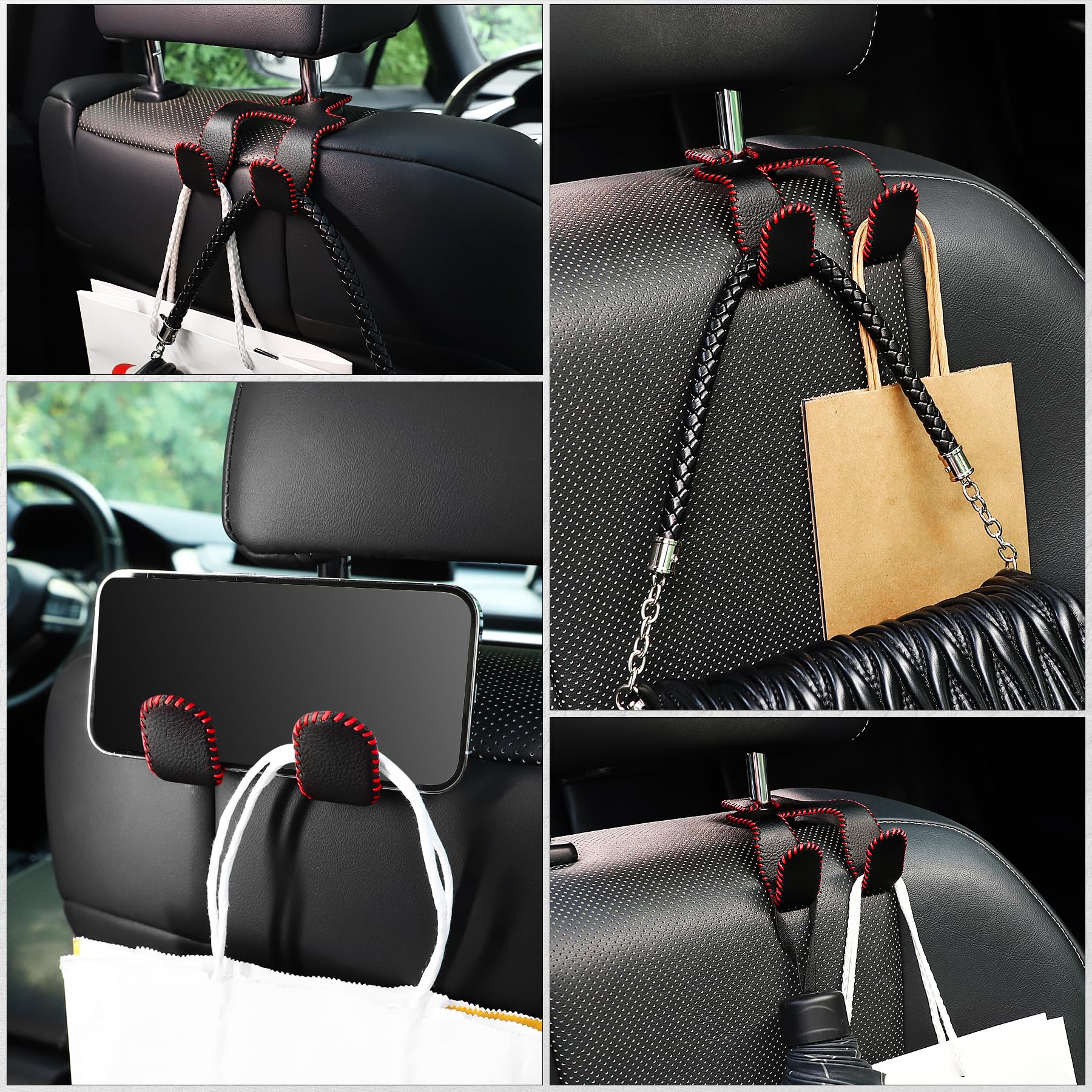 Upgraded Leather Car Seat Hook Organizer - 2-in-1 Headrest Hanger for Purses, Coats & Grocery Bags - Premium Auto Interior Accessories (Black/Red) - Perfect for Road Trips, Shopping & Daily Commute