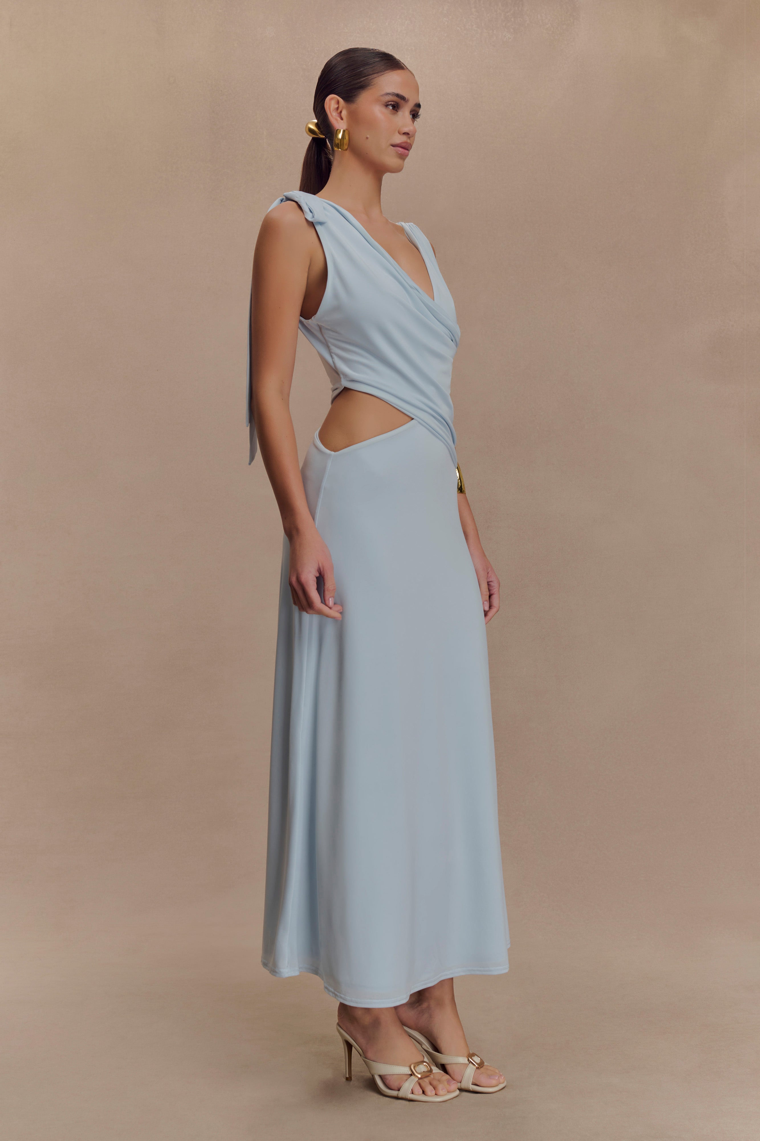 Raleigh Asymmetrical Slinky Midi Dress - Pale Blue Women's Fashion | Perfect for Cocktail Parties, Date Nights & Summer Weddings