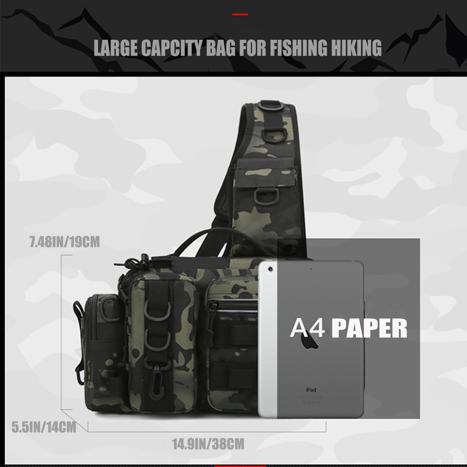 Waterproof Nylon Fishing Backpack with Rod Holder - Fly Fishing Gear Storage Bag for Men, Outdoor Fishing Tackle Organizer, Sling Shoulder Pack for Hiking & Camping (Black Camo)