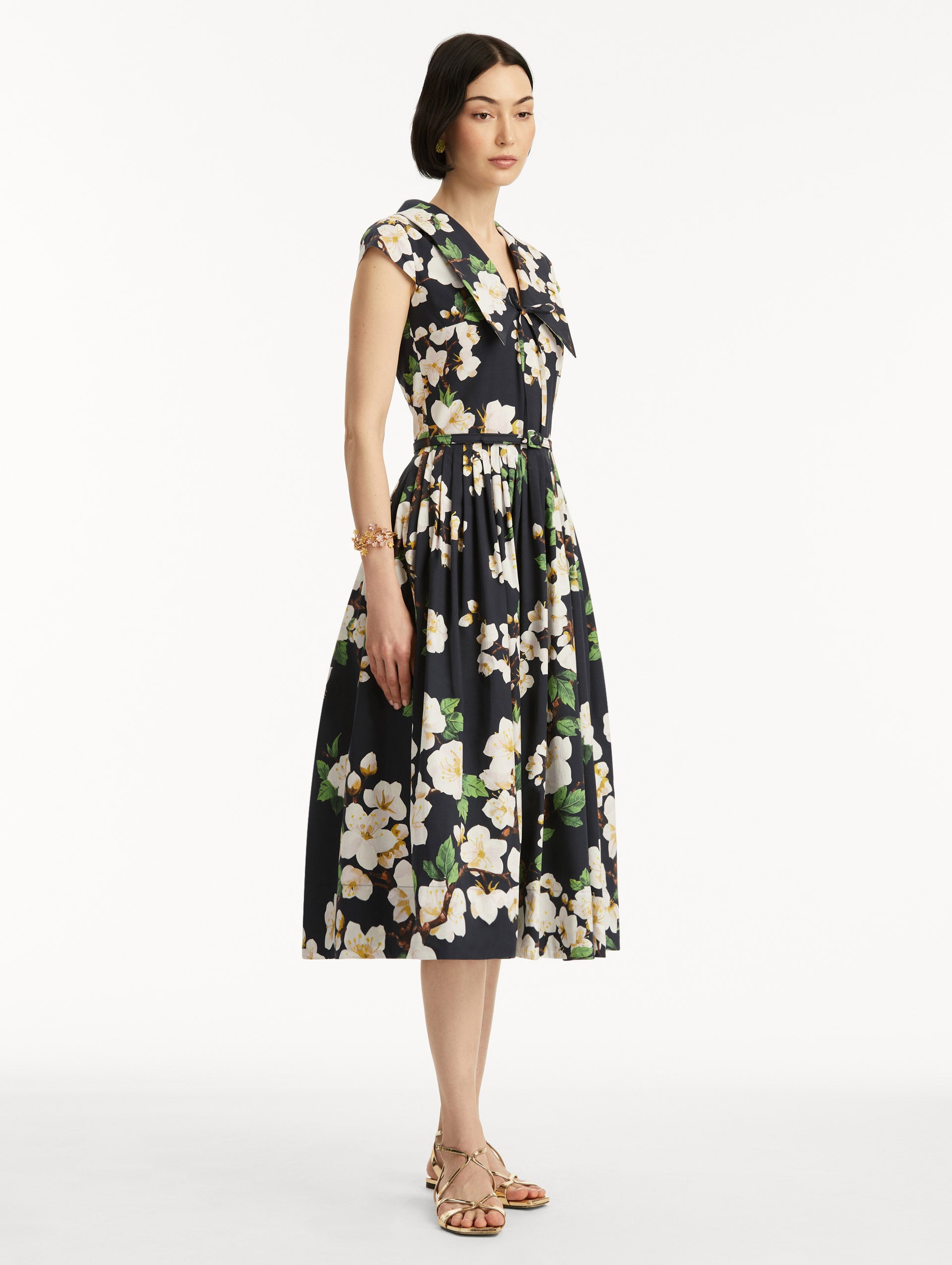 Cherry Blossom Print Cotton Poplin Pleated Dress for Women - Floral Summer Dress for Casual Wear, Picnic, and Spring Outfits