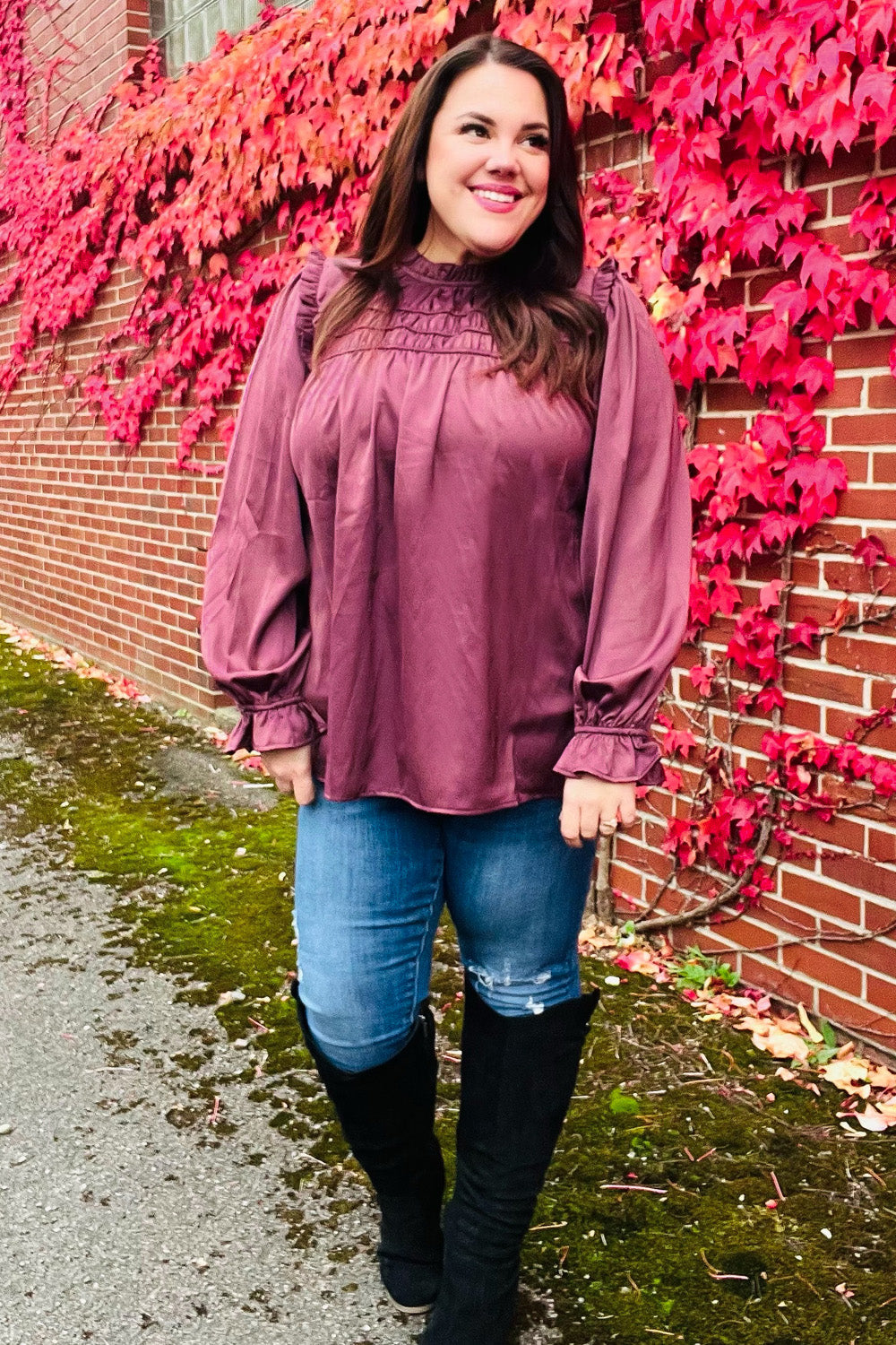 Stylish Wine Satin Shirred Yoke Frilled Mock Neck Top for Women | Elegant Blouse for Date Night, Parties & Special Occasions