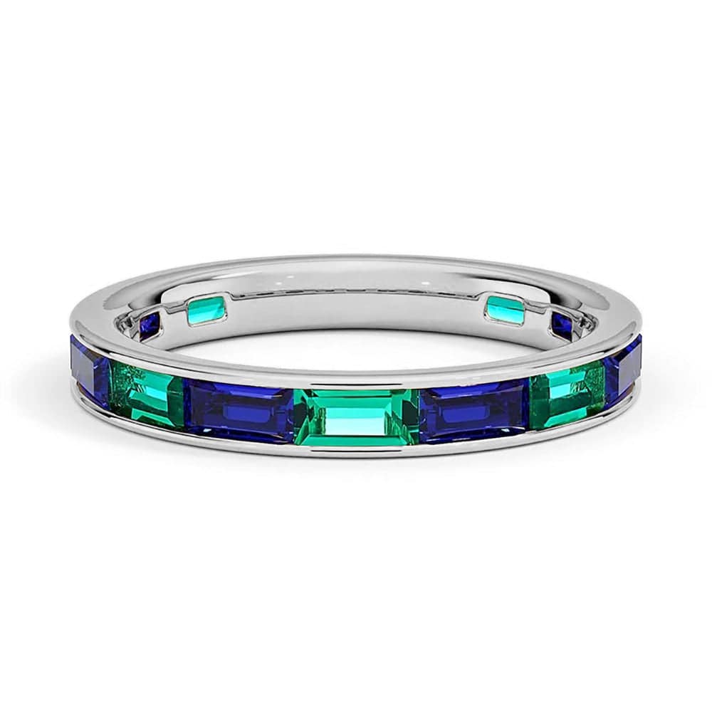 Lab-Created Sapphire & Emerald Channel Set Baguette Promise Ring - Elegant Stackable Band for Engagement, Wedding, Anniversary & Everyday Wear